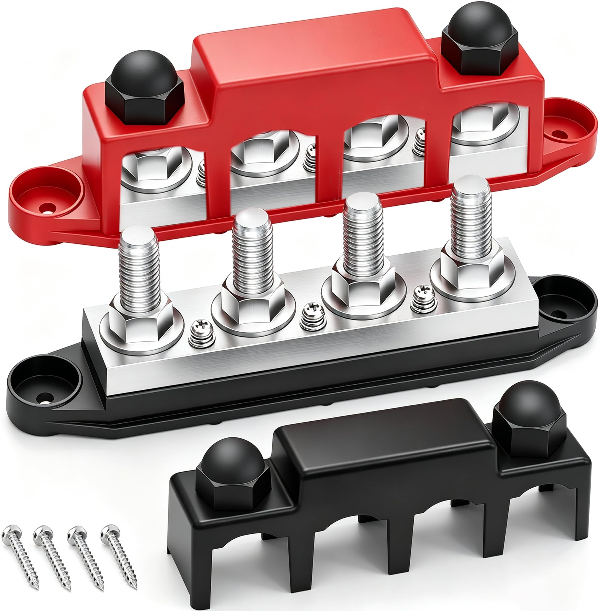 400 A Sammelschiene, 12 V, 3/8 Zoll Stromverteilerblock, Automobil-Sammelschienenklemme, Batterie-Bussstange (Paar, rot und schwarz), 4 x 3/8-Zoll-Pfosten, 3 x #8-Schraubklemmen