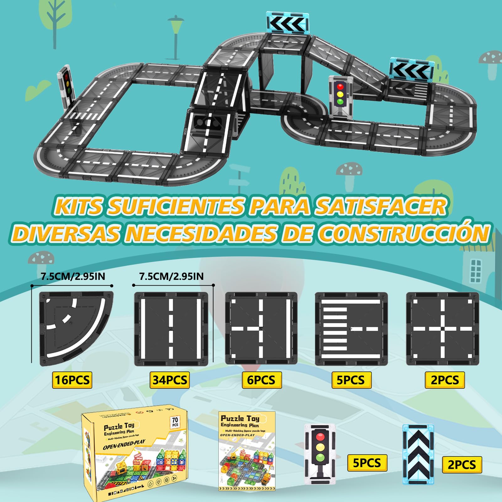 BuzzoXerex Construcciones Magneticas Carretera, 70 Piezas Carretera Magnetica, Carreteras Imanes Bloques Magneticos Juguetes Niños 3-8 Años (70 Piezas)