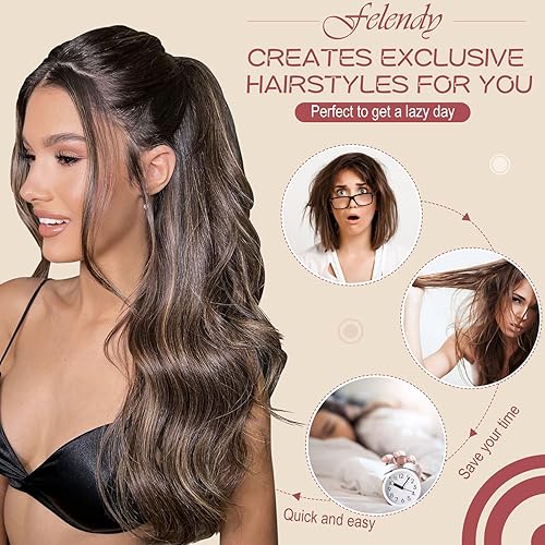 Miniatura 6 de Felendy Extensión de cola de caballo larga de 18 pulgadas y 22 pulgadas con cordón, extensiones de cabello ondulado envolvente, cola de caballo,