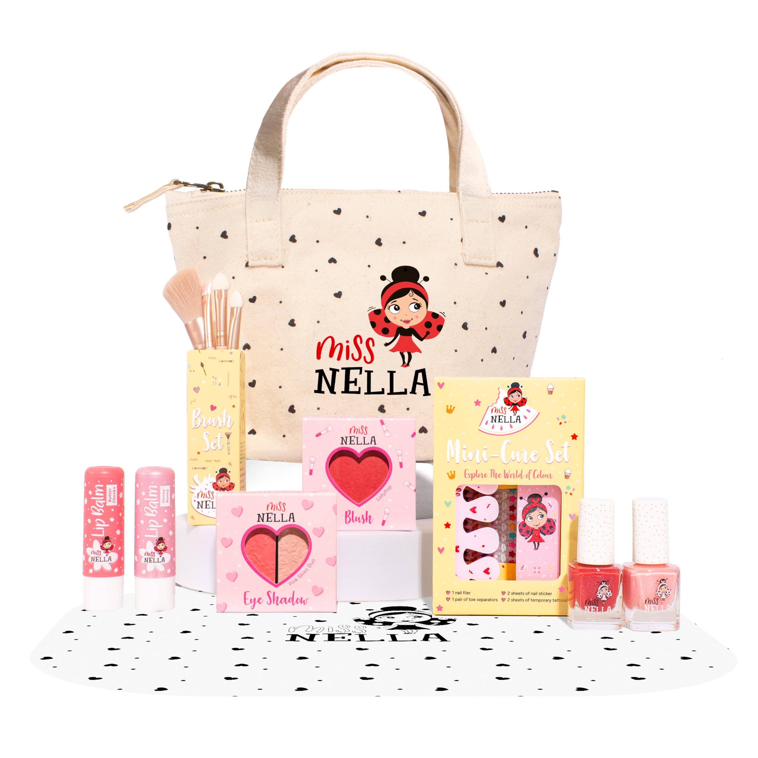 Miss Nella Set di trucchi e smalti per bambini per bambine, ipoallergenico, dermatologicamente testato, non tossico, borsa cosmetica in tela, sicura e divertente (Bag Of Wonder)