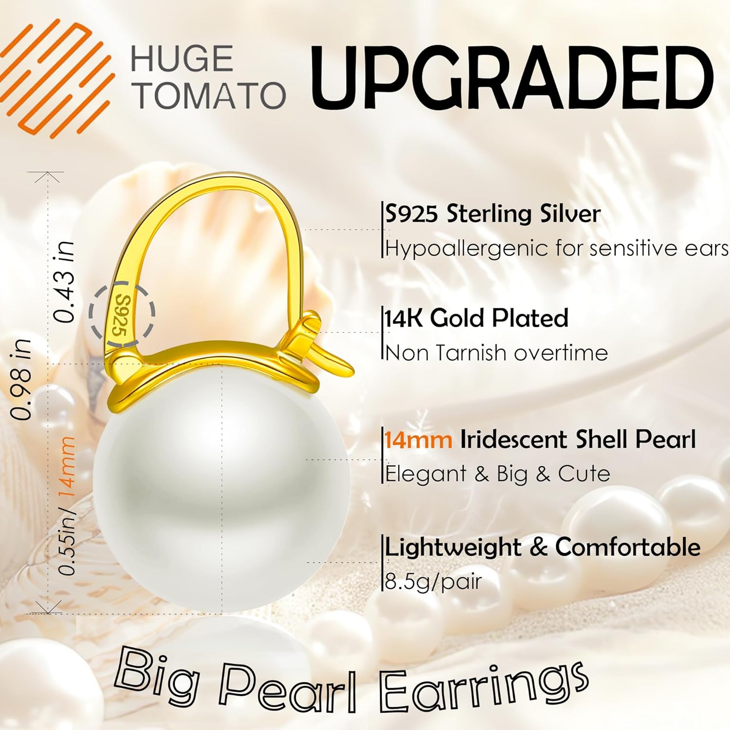 HUGE TOMATO 925 Sterling Silver Simulated Shell Pearl Earrings for Women Trendy, Big Pearl Drop Earrings Leverback Stud,18K Gold Plated Large Pearl Hoop Dangle Hypoallergenic Jewelry 14mm - Image 3
