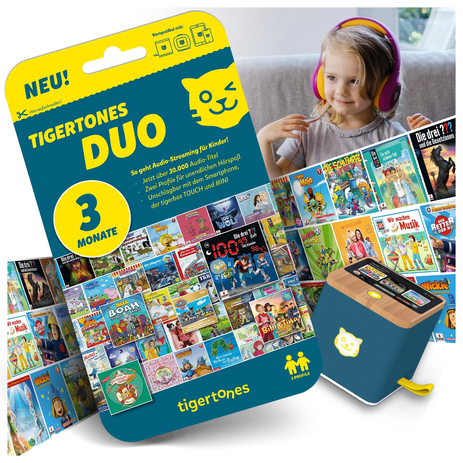 tigermedia tigertones Duo Prepaid-Zugang 3 Monate | Audio-Streamingdienst für Kinder | Über 30.000 Audiotitel | Volle Kostenkontrolle | Nutzbar mit tigerbox Touch und MINI | Musikbox