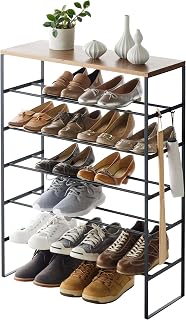 YAMAZAKI Home Six-Tier Shoe Organizer – Tall Slim Shoe Rack for Entryway or Closet, Narrow Metal Shoe Storage with Wooden Top, Modern Space-Saving Design, Steel, Black, Easy Assembly