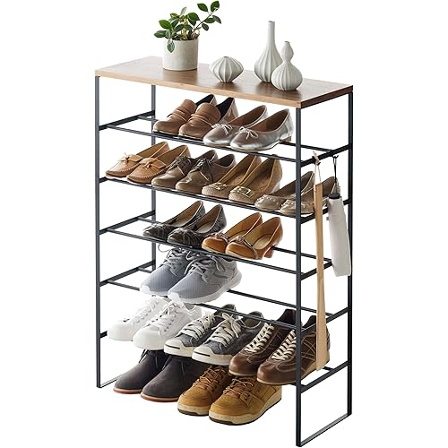 YAMAZAKI Home Six-Tier Shoe Organizer – Tall Slim Shoe Rack for Entryway Or Closet, Narrow Metal Shoe Storage with Wooden Top, Steel, Black, Easy Assembly, 34" - Steel - Holds 18 to 21 Shoes