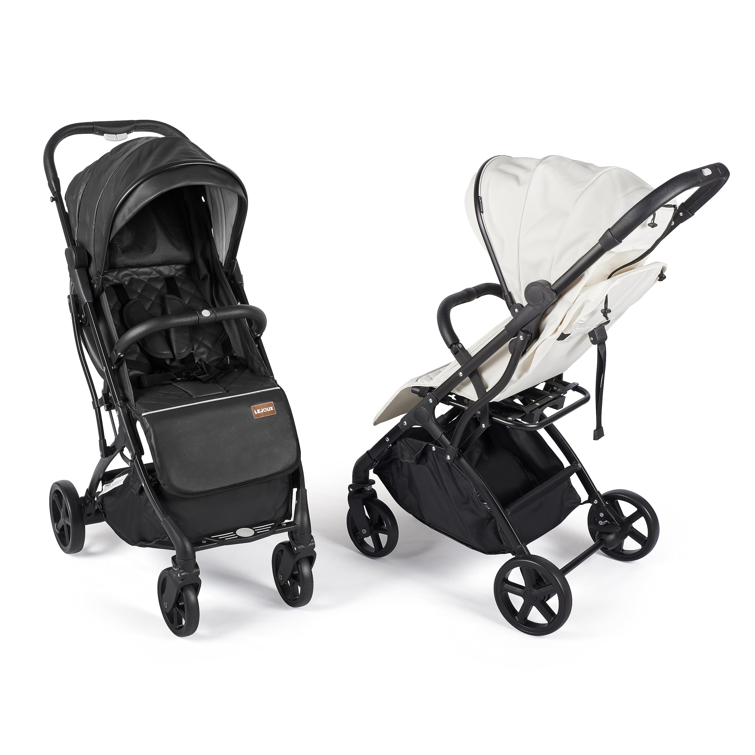 Lejoux Poussette bébé – Poussette de voyage légère pliable harnais 5 points, dossier de siège réglable et panier surdimensionné pliable 1 main – Roues pivotantes lisses Housse de pluie en cuir noir