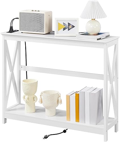 Miniatura 14 de Yaheetech Mesa consola con tomas de corriente y puertos USB, mesa de entrada con estantes de almacenamiento, mesa de sofá estrecha larga con diseño