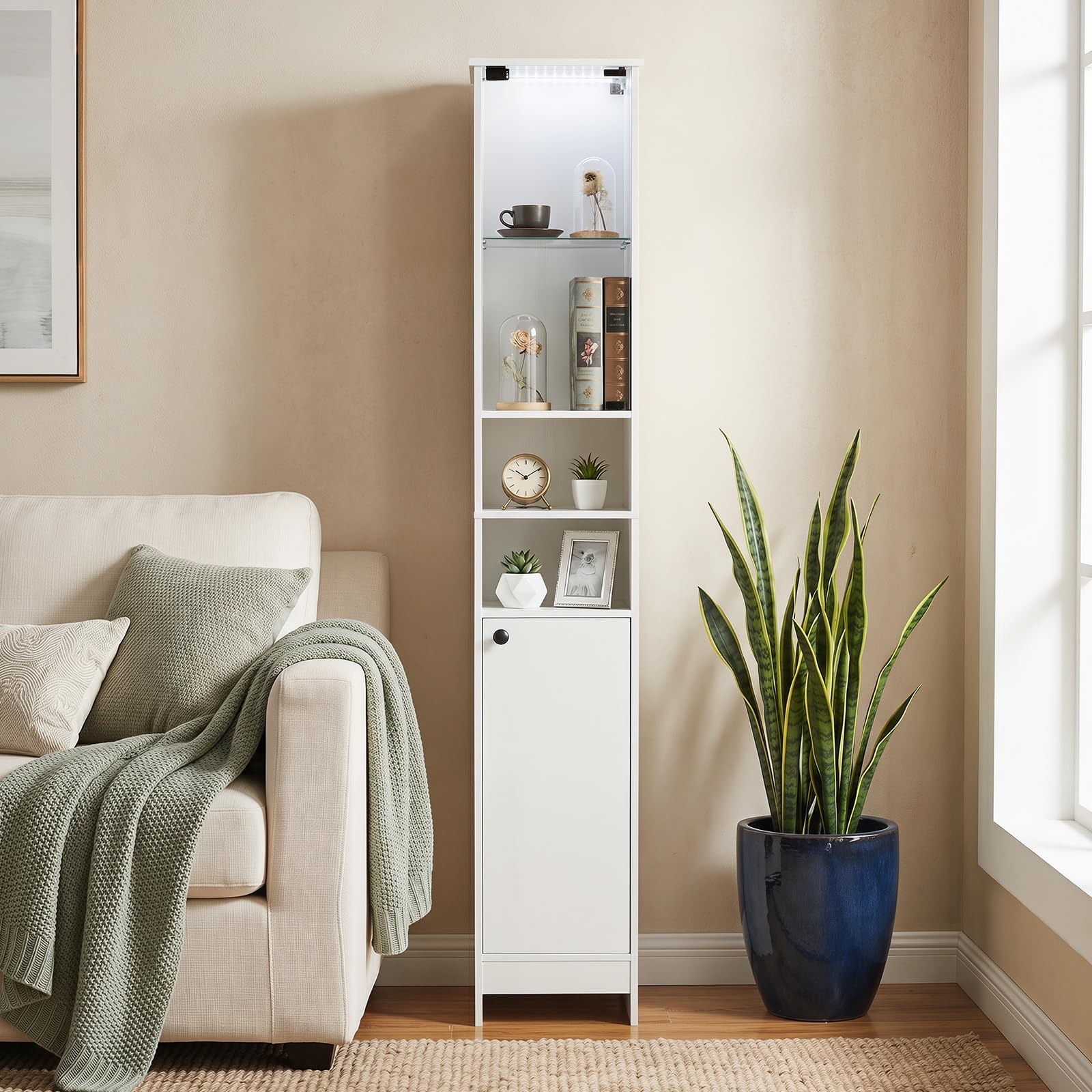COSTWAY Mobile Alto da Bagno, Mobiletto a Colonna Stretto con Luci LED e Telecomando, Ante in Vetro e Mensole Regolabili, Armadio Salvaspazio a Terra per Soggiorno, 30 x 30 x 170 cm (Bianco)