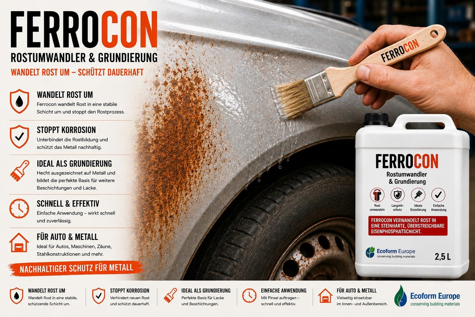 Ecoform Ferrocon 2,5 Liter (ca. 20 m²) Rostumwandler & Rostentferner – Für Eisen, Stahl und Kupfer – Reinigt Rost, Flugrost und Kupferkorrosion