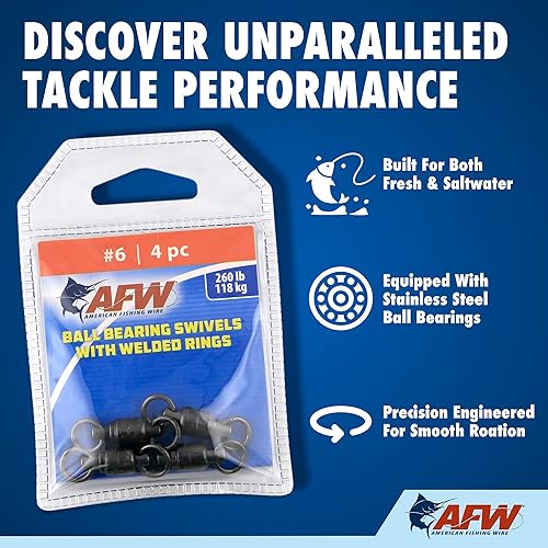 Miniatura 3 de Alambre de pesca americano con rodamiento de bolas negro giratorio (50 piezas), tamaño 6, prueba de 260 libras