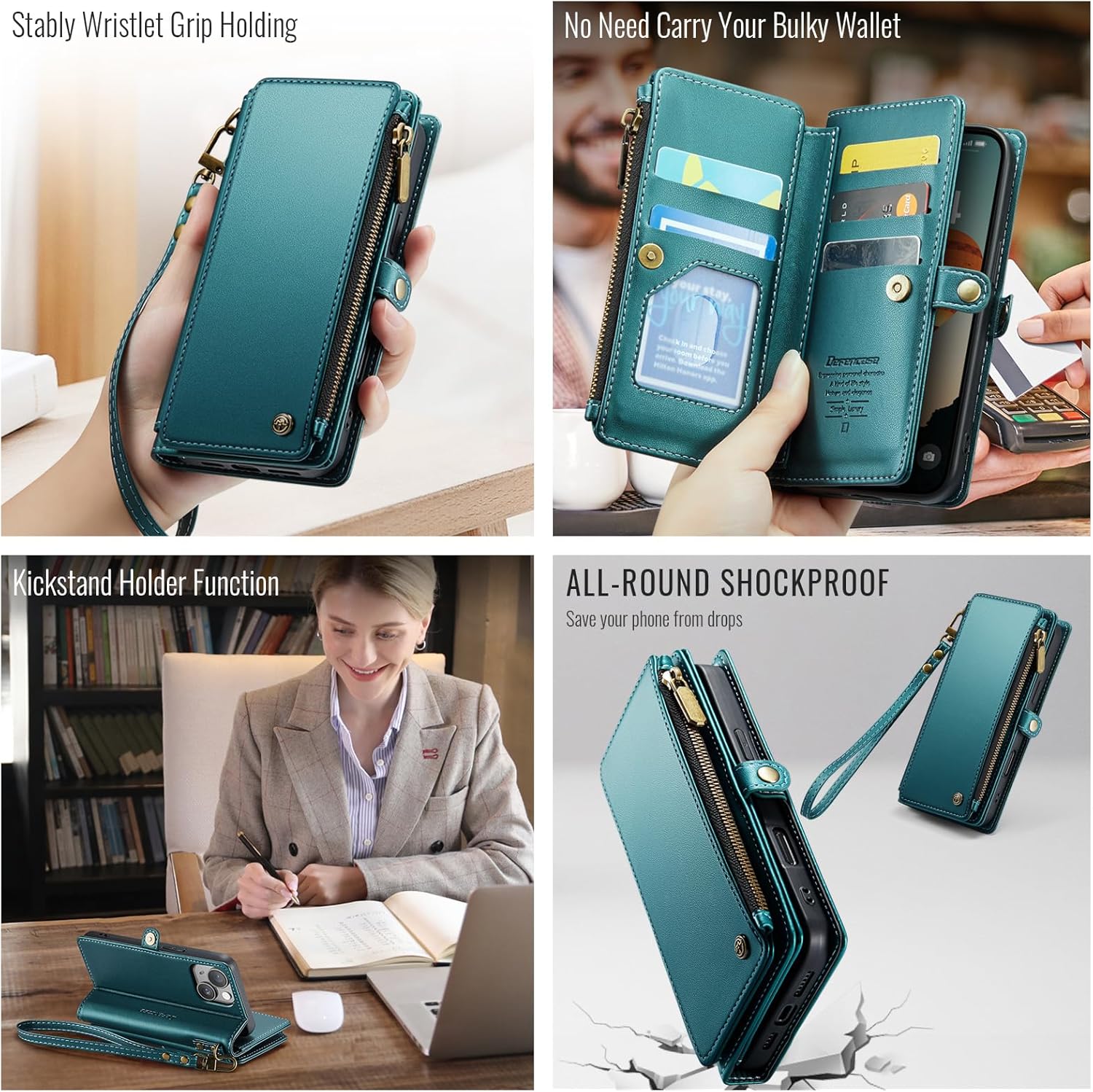 Defencase Compatible with iPhone 14 Case Wallet with RFID Blocking Card Holder for Women Men, Fashion PU Leather Magnetic Snap Flip Zipper Strap Wallet Phone Case Fit for iPhone 14 6.1", Blue Green - Image 4