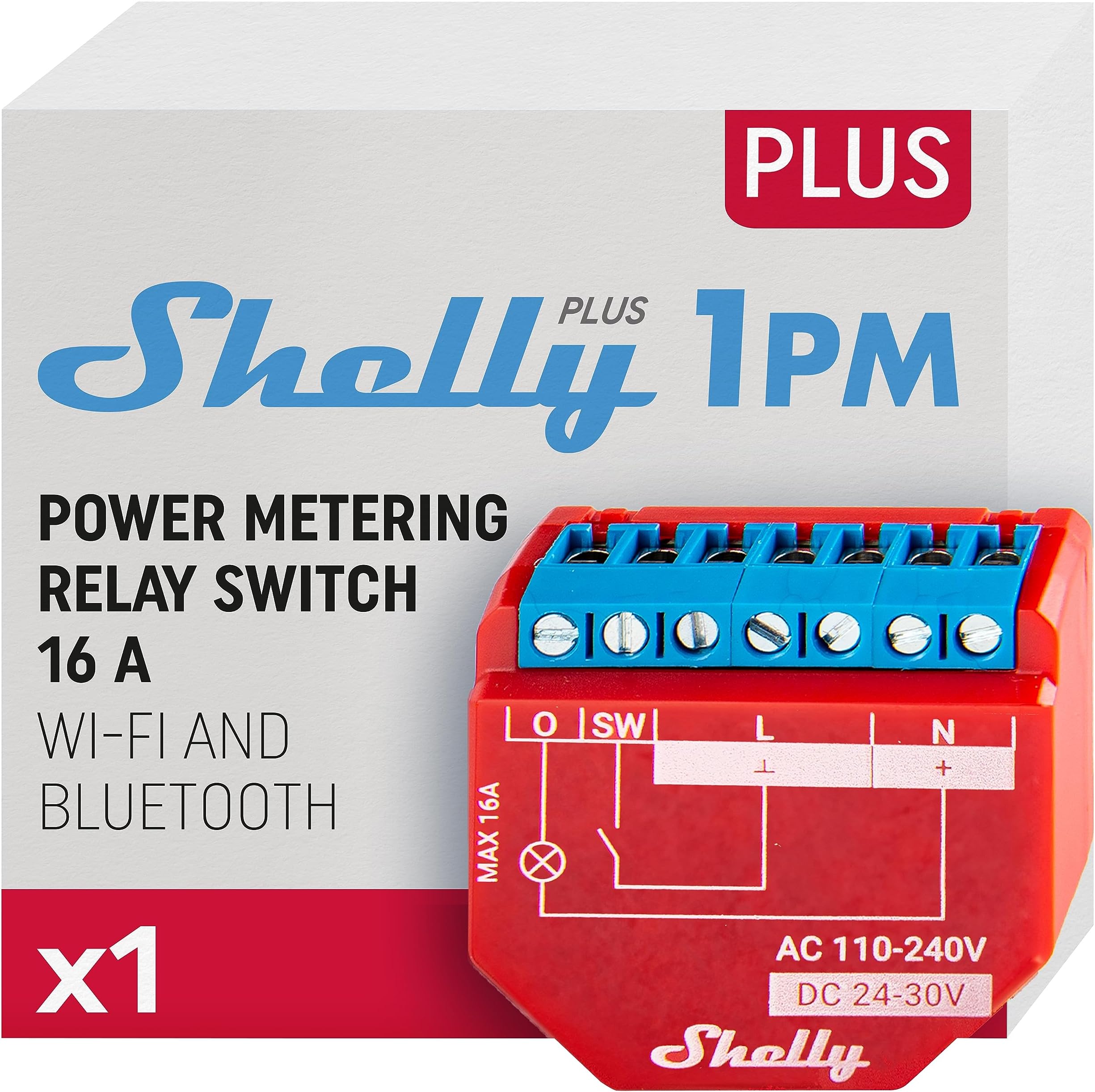 Shelly Plus 1PM | WiFi Smart Relay Switch with Power Metering | Home Automation | Bluetooth Gateway | Compatible with Alexa & Google Home | iOS Android App | No Hub | Wireless Lighting Control
