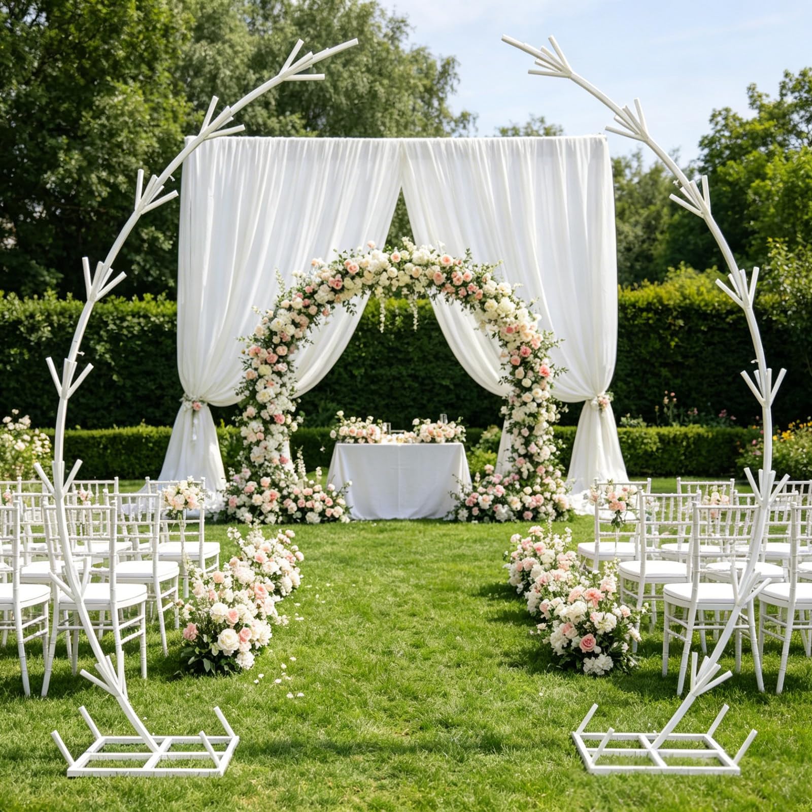 AUTUMFLATGAO Half Balloon Arch Stand, 2 Pack White Metal Backdrop Stand with Romantic Curved Design, Wedding Arch for Balloons, Flowers, Garden Ceremony, Reception and Photo Booth