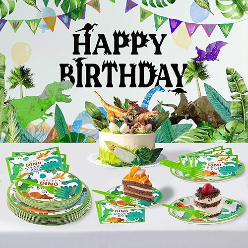 Vista 6 de 96 piezas de suministros de fiesta de dinosaurios, decoración de fiesta de cumpleaños con temática de dinosaurio, incluye platos, servilletas
