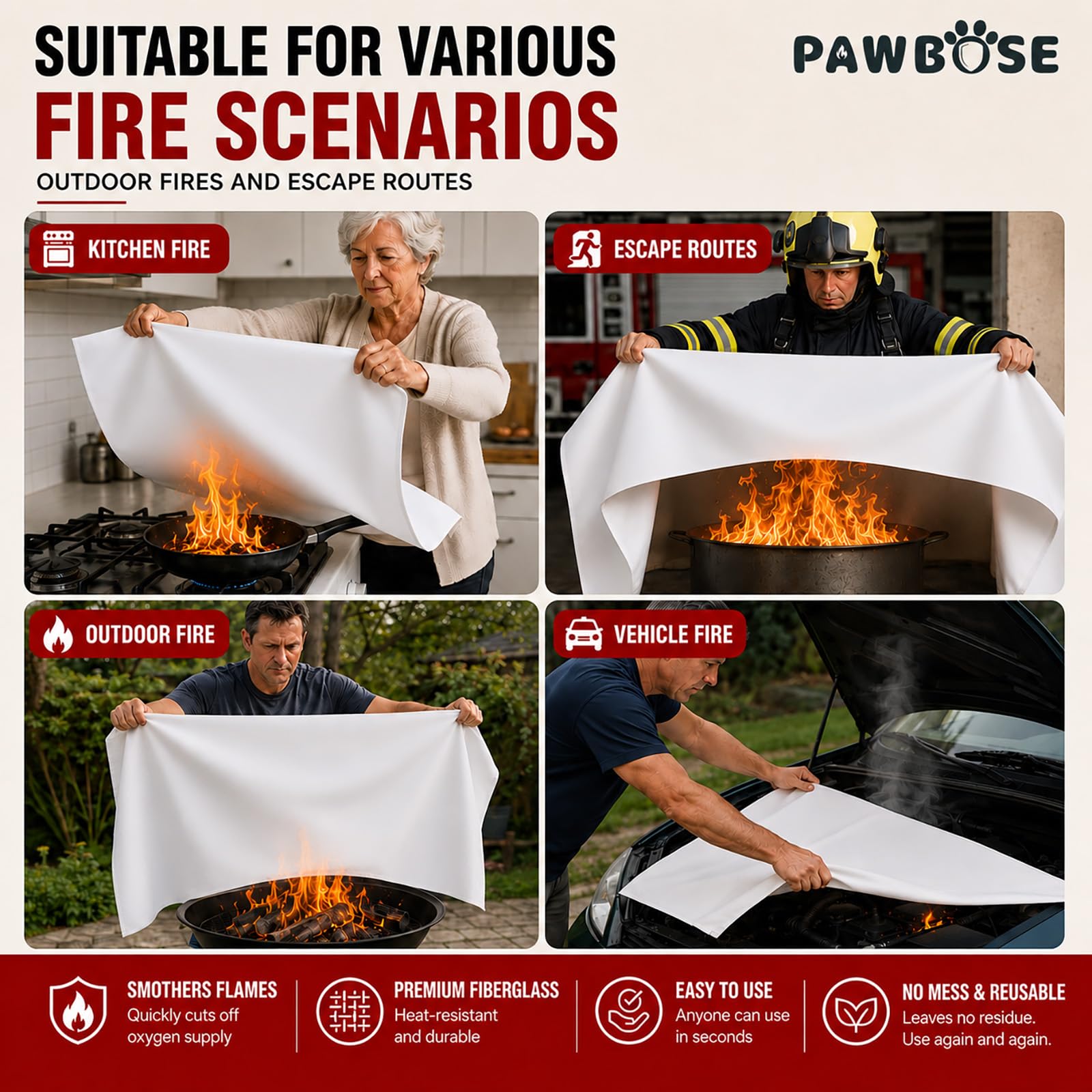 PAWBOSE Manta ignífuga extra grande de 3 x 4 m, de fibra de vidrio, manta ignífuga de alta resistencia para cocina, taller y camping