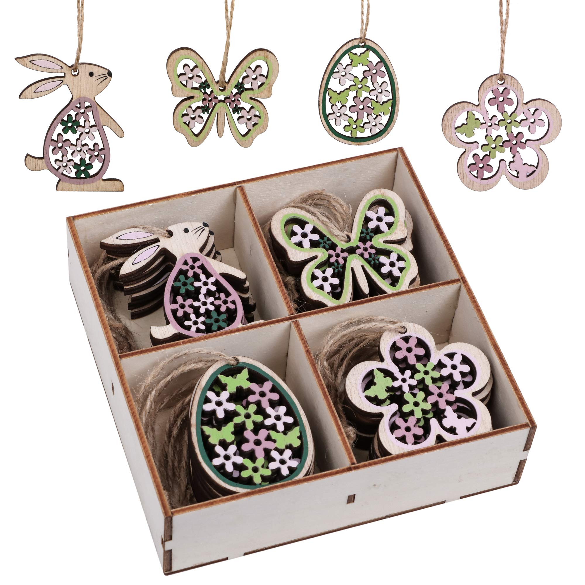 Valery Madelyn 24 stuks paasdecoraties, houten hangende boomornamenten, eivorm konijnen, vogels, bloemen, kippen hangers met bolwerk voor Pasen woondecoratie, met houten kist Valery Madelyn 24 stuks paasdecoraties, houten hangende boomornamenten, eivorm konijnen, vogels, bloemen, kippen hangers met bolwerk voor Pasen woondecoratie, met houten kist