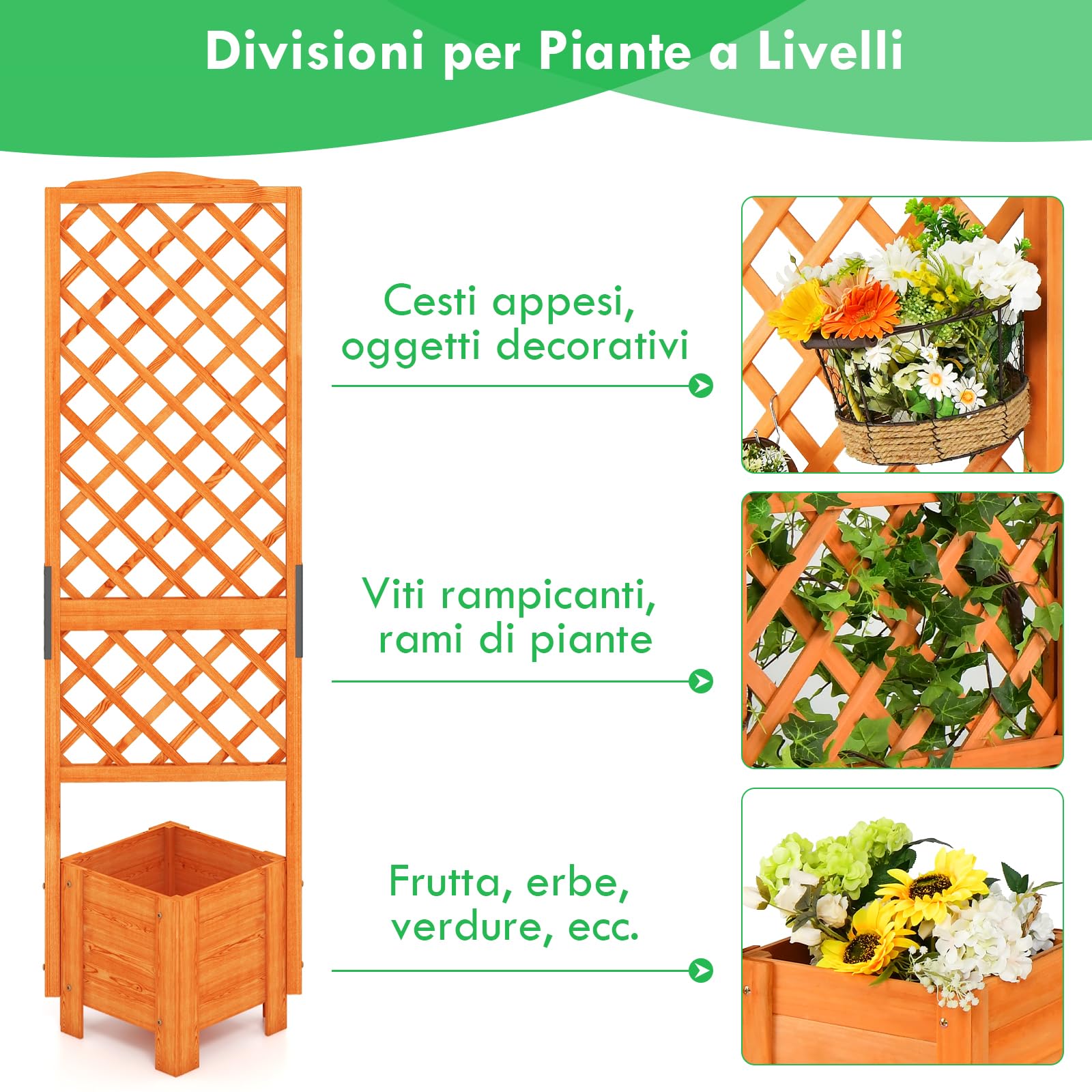 RELAX4LIFE Fioriera da Esterno in Legno, Aiuola Rettangolare con Grigliato e Drenaggio, Porta Piante di Fiori e Rampicanti per Giardino/Balcone/Cortile (Modello 2)