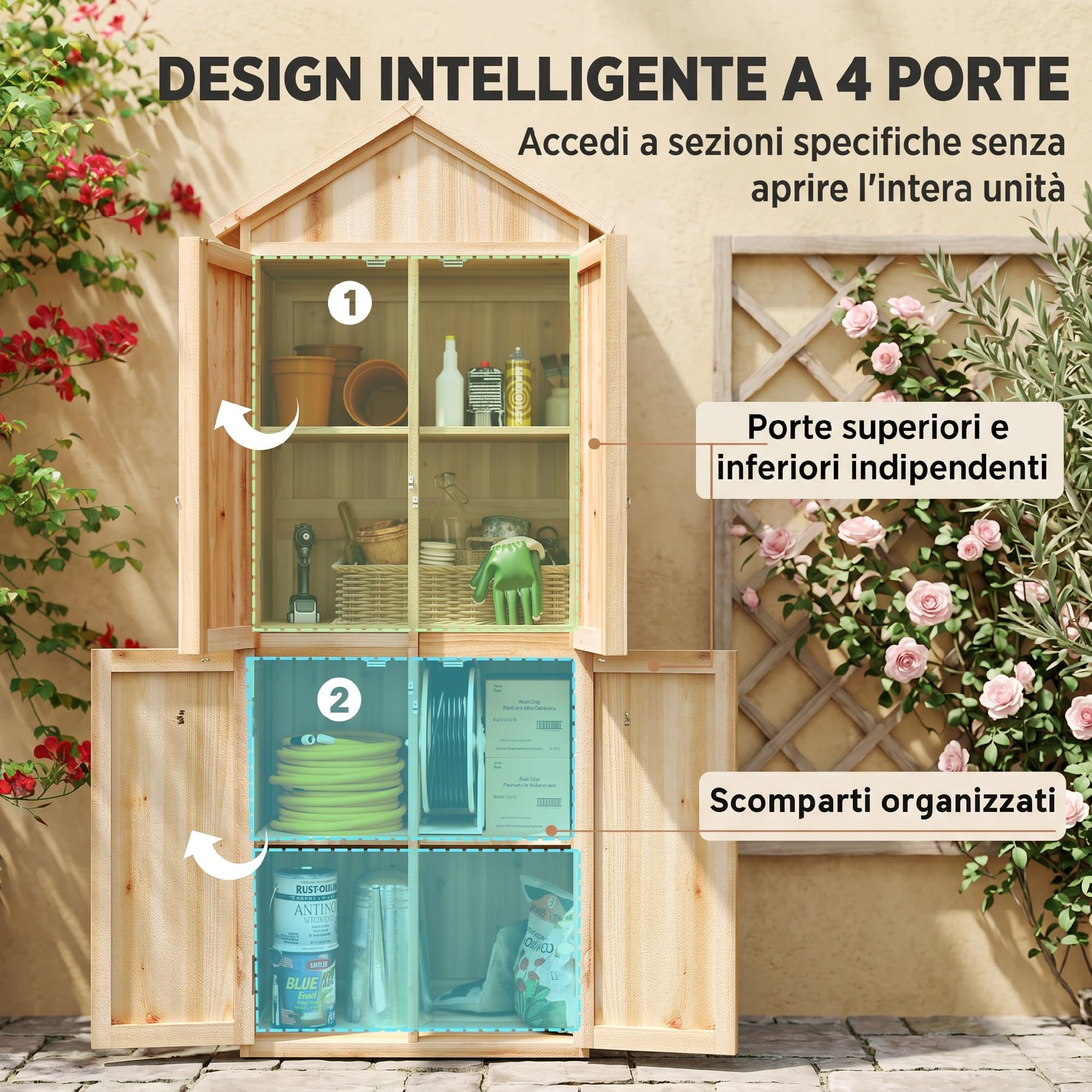 Outsunny Armadio da Giardino in Legno di Abete con Kit Antiribaltamento Casetta Porta Attrezzi da Esterno con Ripiani Rimovibili 4 Ante Bloccabili Tetto in Asfalto Inclinato 82x50x190 cm Color Legno