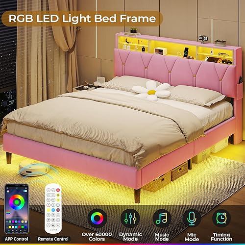 Miniatura 28 de BTHFST Base de cama de tamaño matrimonial con luces LED y estación de carga, marco de cama LED tamaño matrimonial con almacenamiento de cabecero,