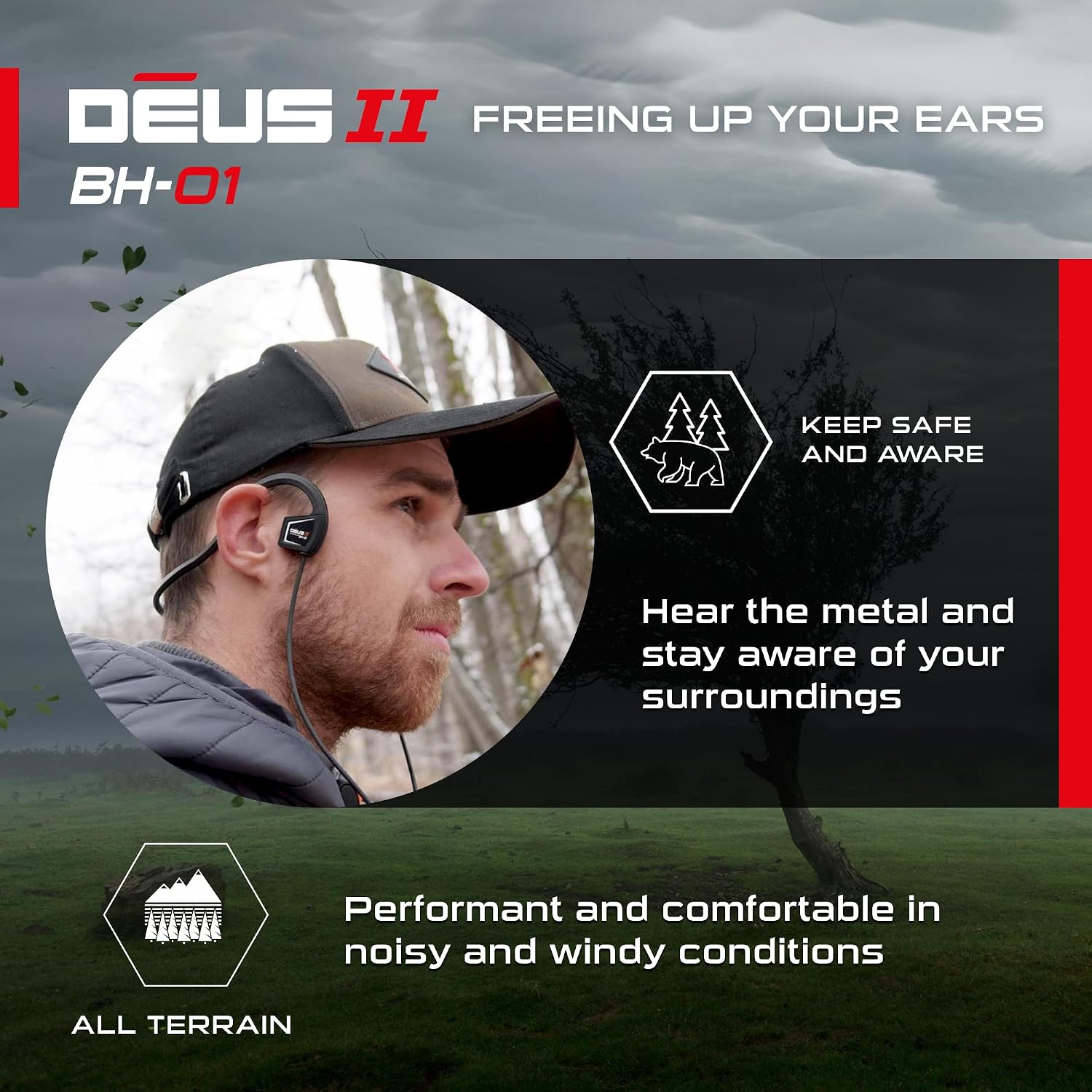 User wearing BH-01 headphones on land, demonstrating awareness of surroundings.