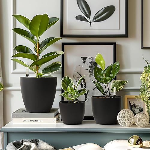 Miniatura 10 de T4U Macetas de plástico de riego automático de 7 pulgadas con indicador de nivel de agua, juego de 4, maceta decorativa moderna para todas las