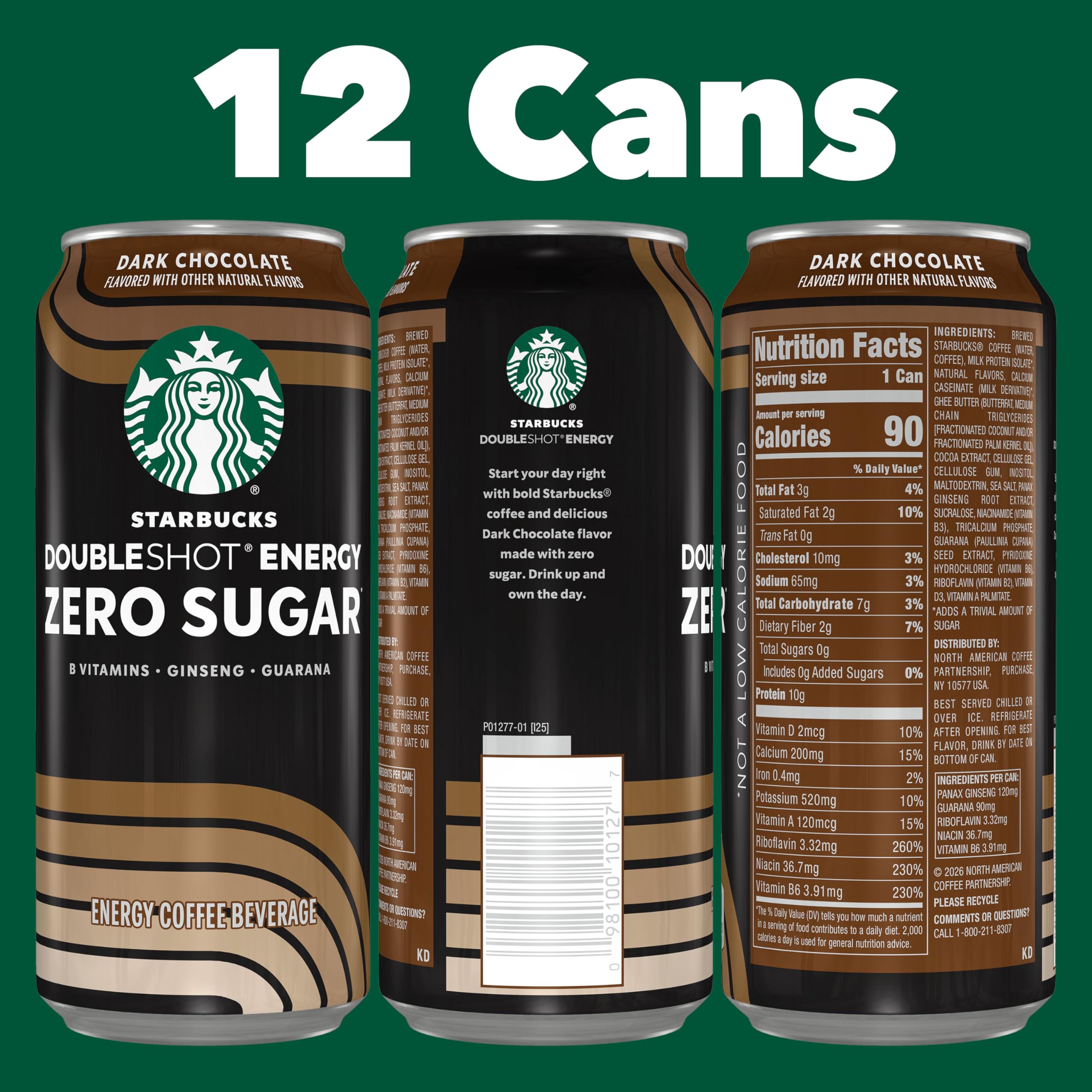 Starbucks Doubleshot Zero Sugar Coffee Energy Drink, Dark Chocolate, 15 fl oz Cans, (12 Pack), Zero Sugar, B Vitamins, Ginseng, Guarana, Iced Coffee Drink