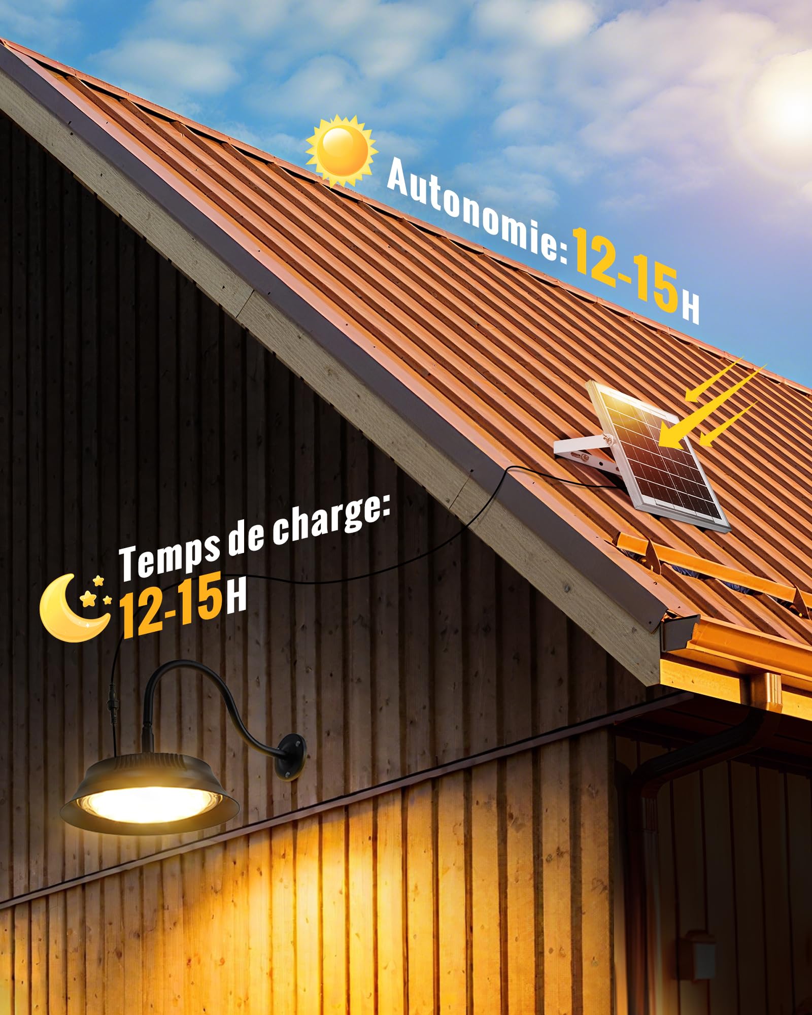 Lampe Solaire Extérieure Intérieure avec Télécommande Minuterie, 3 Températures de Couleur, Luminosité Réglable 5000mAh Installation Murale Suspension pour Jardin Allée Garage Pergola