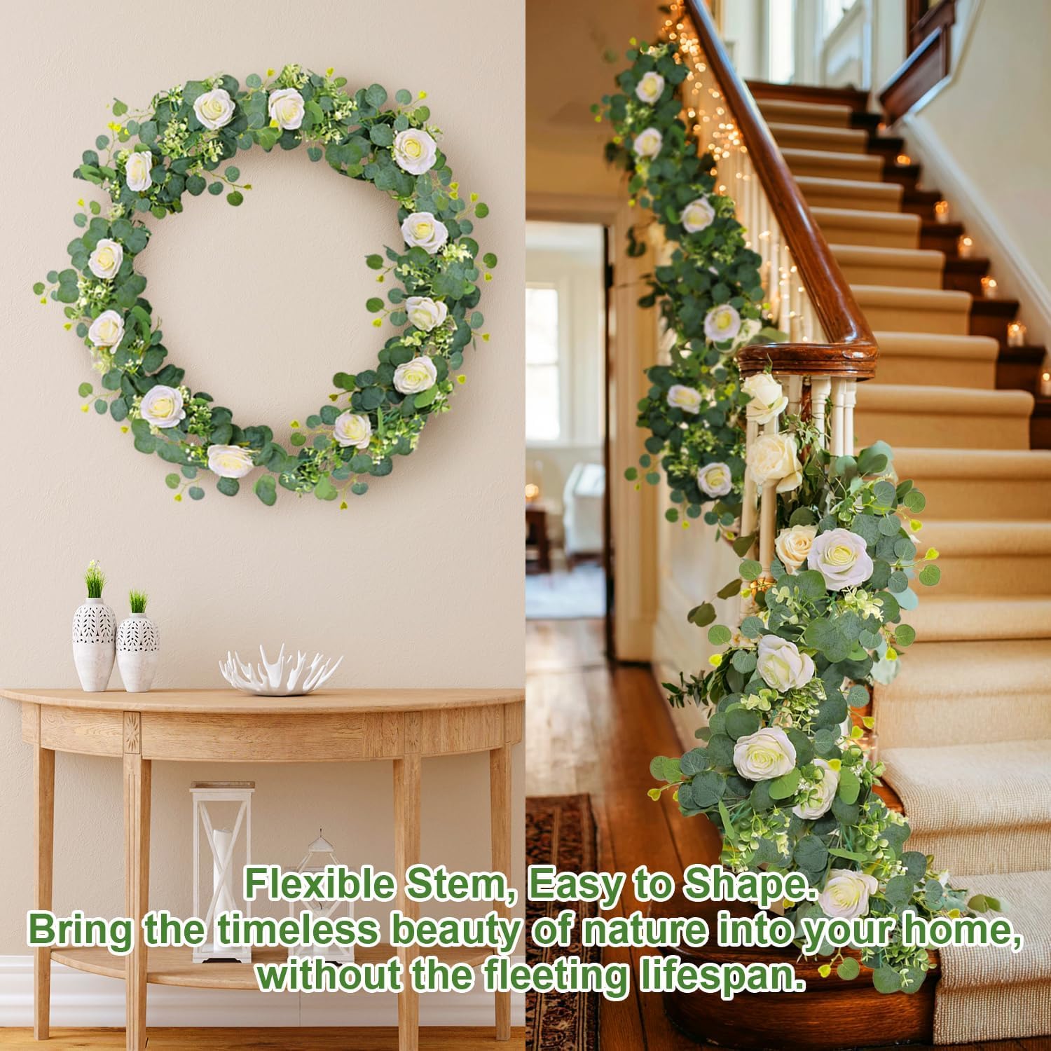 Dremisland 4 Piezas Guirnalda de Rosas Artificiales Flores 1.8m Guirnalda de Eucalipto Rosas Blancas Falsas Colgante Artificial Vid de Seda Plantas para Decoración Boda Jardín Balcón Exterior Interior