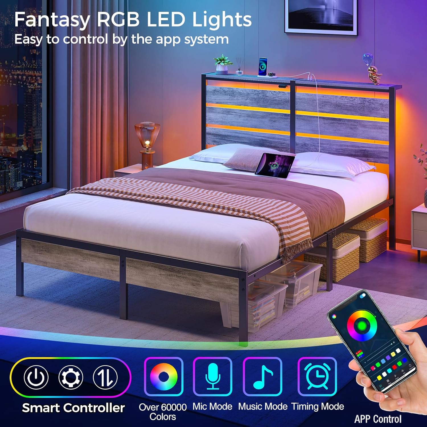 Rolanstar Bed Frame Queen Size with USB Charging Station, LED Bed Frame with Wood Storage Headboard, Light Grey Metal Platform Bed with Under Bed Storage, No Box Spring Needed, Noise Free - Image 3