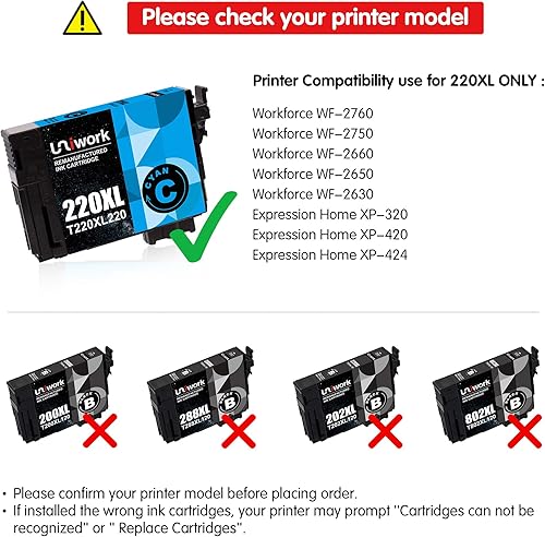 Miniatura 2 de Uniwork Cartucho de tinta remanufacturado 220XL de repuesto para Epson 220 XL 220XL T220XL uso para impresora Workforce WF-2750 WF-2760 WF-2630