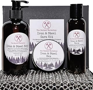 Iron & Steel Care Kit – Chainmail Scrubber, Cast Iron & Carbon Steel Seasoning Wax, Balm, and Soap – Complete Smoke-Free Seasoning and Care System for Pans, Griddles, & Grills
