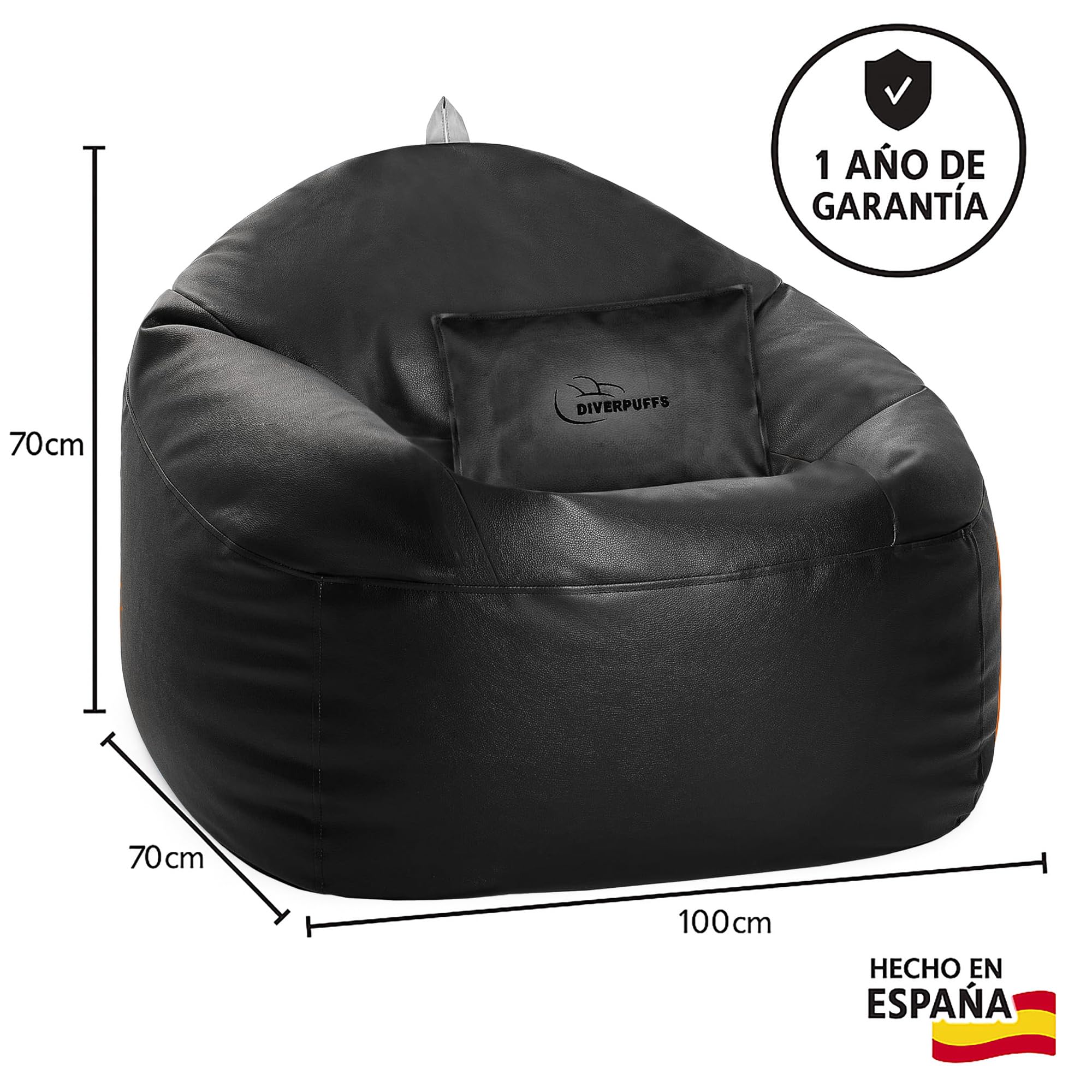 Puff Redondo Negro Pélota Bean Bag XXL Polipiel con Relleno Y Cojín Incluido Elegante y Comodo Resistente Waterproof Uso Interior Exterior Habitación Infantil Gamer Sala Juegos Salón