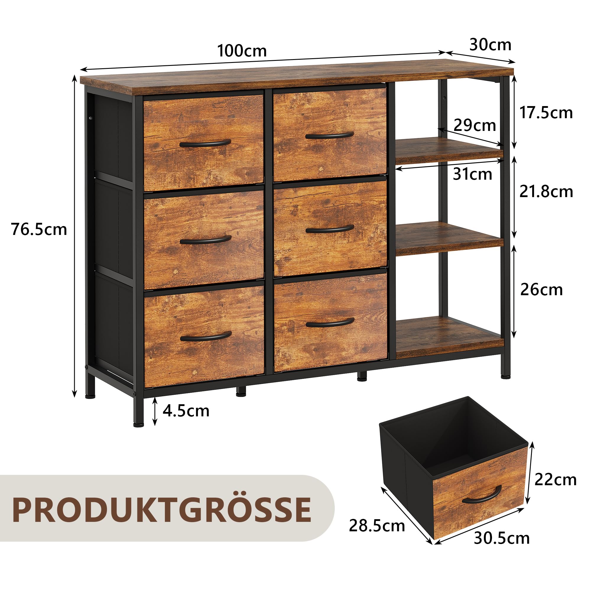Feonase Kommode mit 6 Schubladen und offenem Ablagefach, modernes Design, Stoffbezug, 100 x 30 x 76 cm, Retro-Farbe