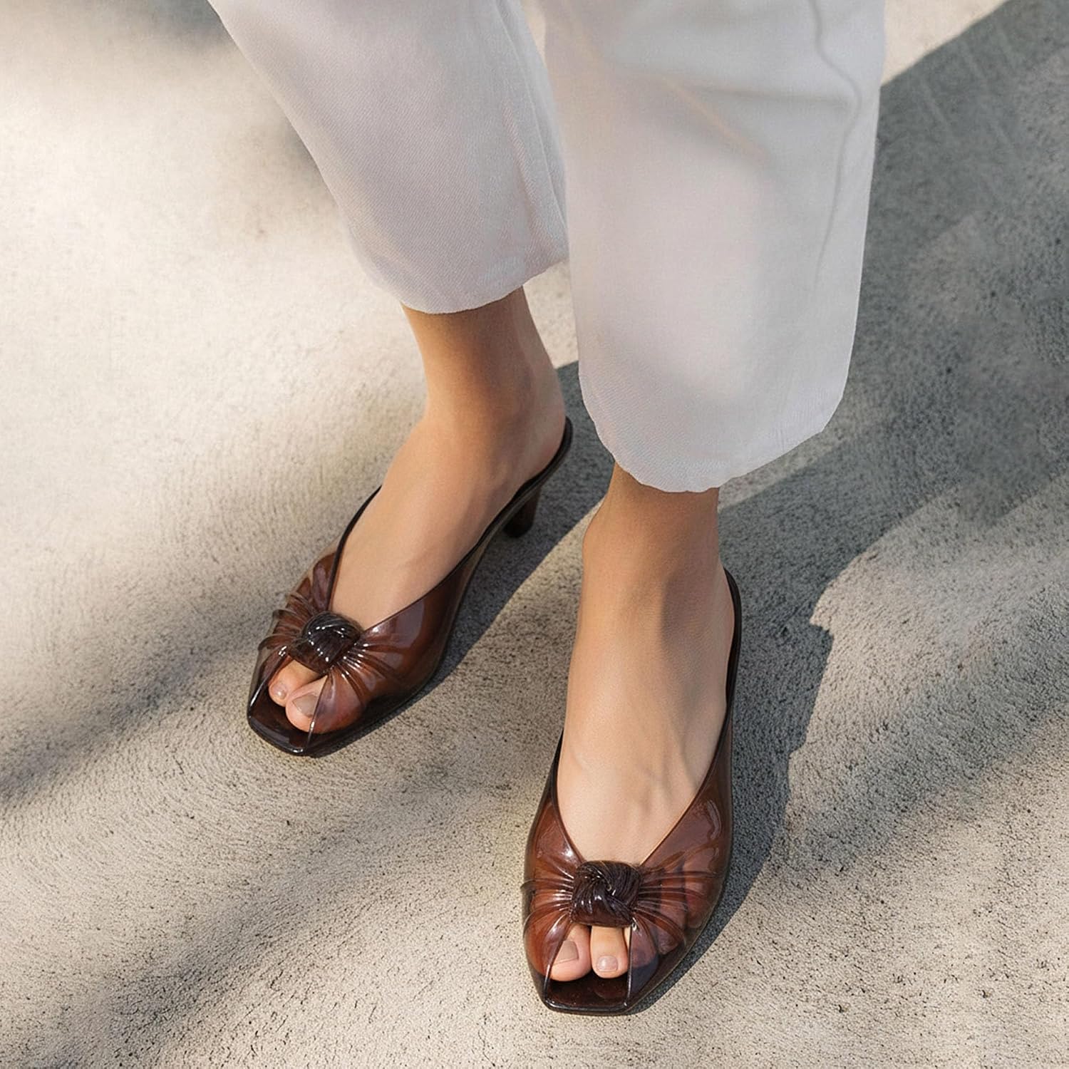 Agodor Jelly Kitten Heel Mules Sandals for Women Twist Knot Slip On Jellies Slide Sandals Square Open Toe Low Heel Backless Mule Jelly Shoes for Summer Party Daily Wear