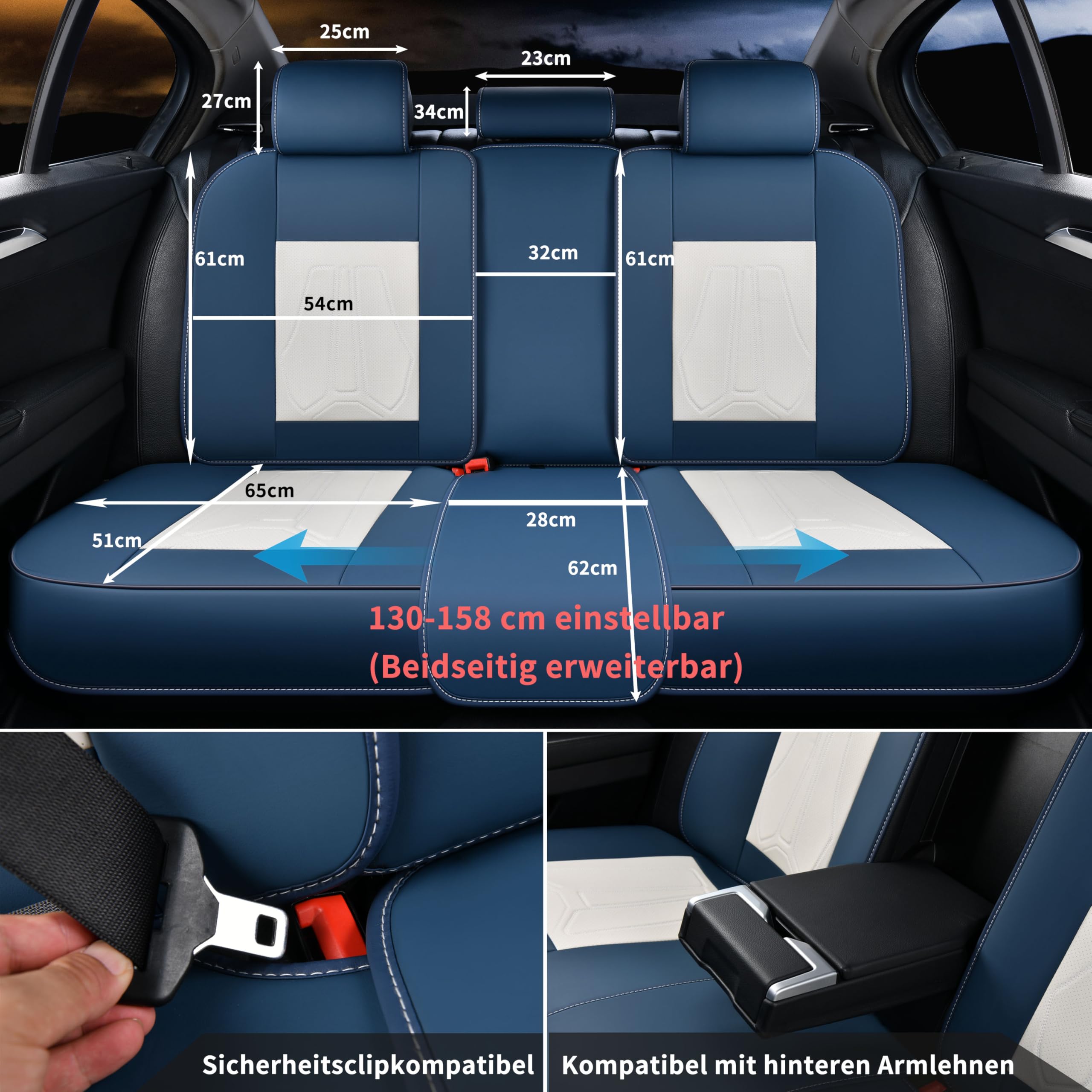 Copri sedili auto 5 posti - Universale per il 90% di berline/SUV/4x4 | Supporto lombare nascosto | Antiscivolo & Duraturo | Finta pelle di alta qualità (Blu-Bianco)