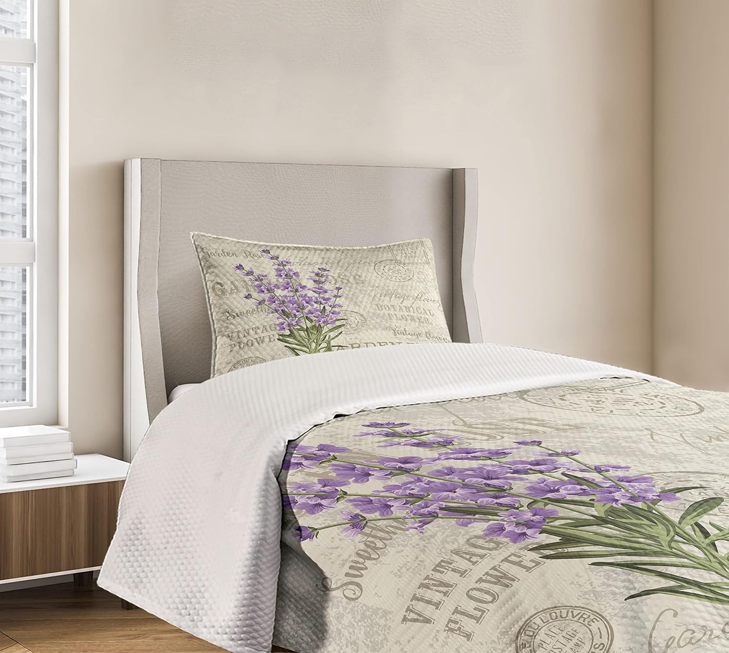 Lunarable Lavender Bedspread, Vintage Postcard Composition Grunge Display and Flowers, Decorative Quilted 2 Piece Coverlet Set with Pillow Sham, Twin Size, Lilac