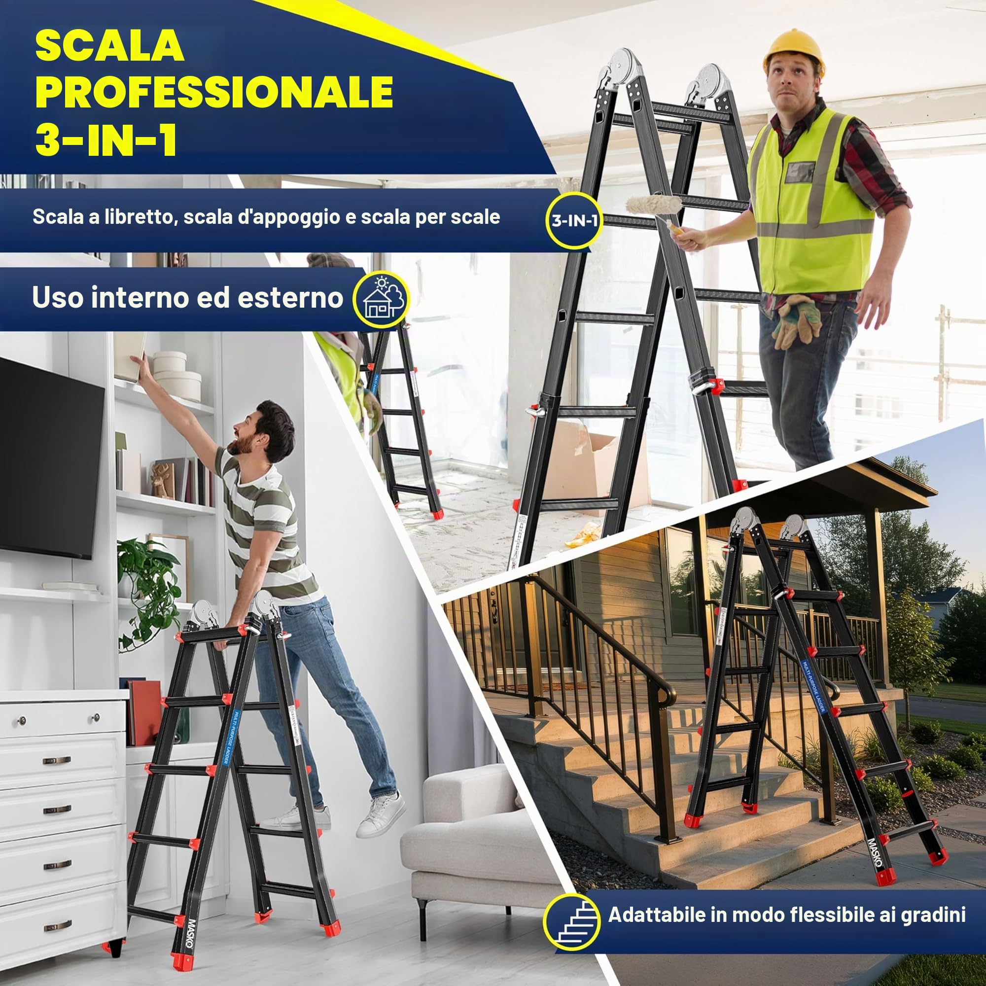 MASKO® Scala in alluminio Scala multiuso 5,10 m 4x5 pioli Scala telescopica ✓ Multifunzionale ✓ Pieghevole ✓ Singola ✓ Fissa ✓ Scala scorrevole ✓ Scaletta e bifacciale (5,10 m / 4x5 pioli nero/rosso)