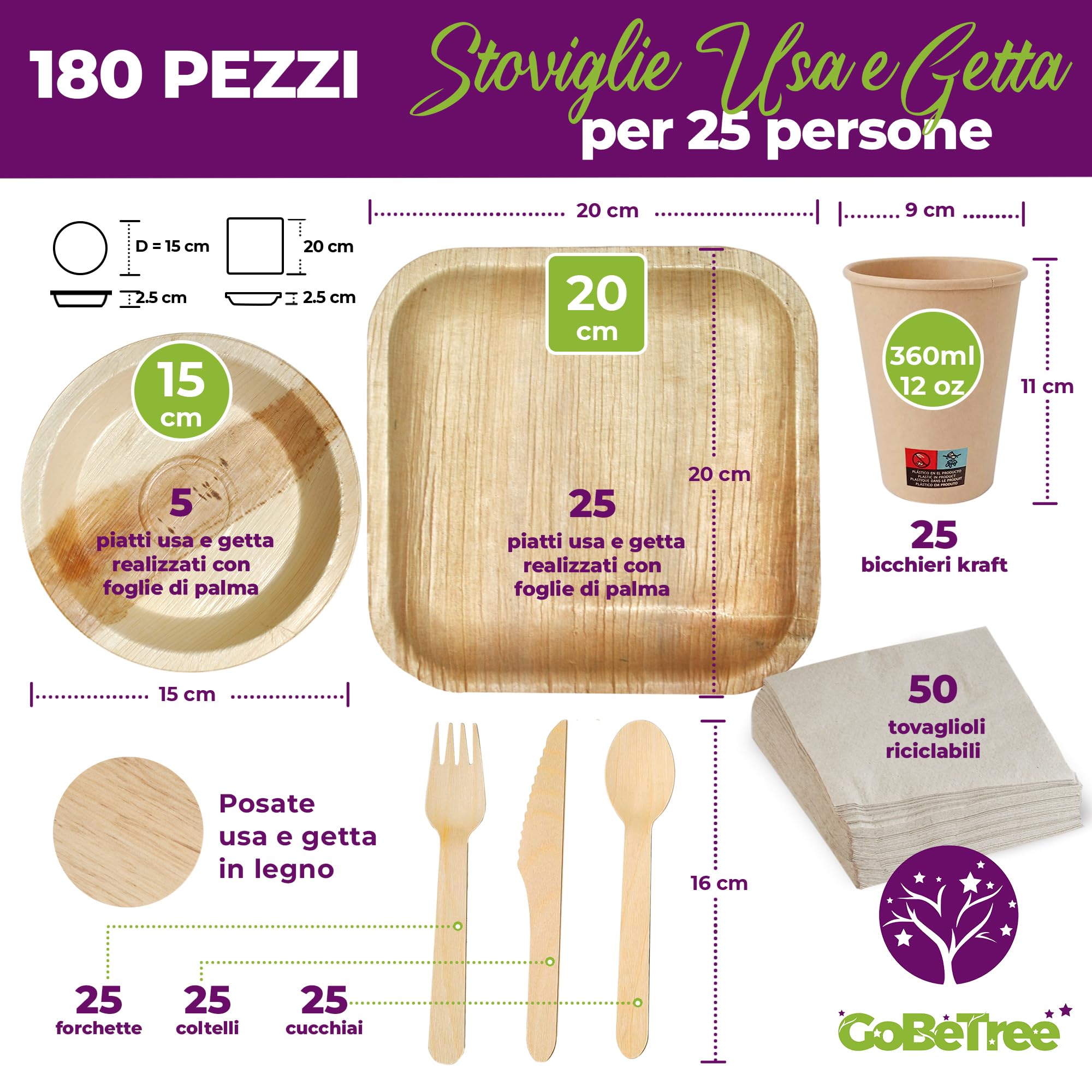 GoBeTree Stoviglie Monouso Foglia di Palma 180 Pezzi per 25 Persone. Set Completo Piatti, Bicchieri, Posate e Tovaglioli per Compleanno, Catering e Buffet — Look Simile al Bambù