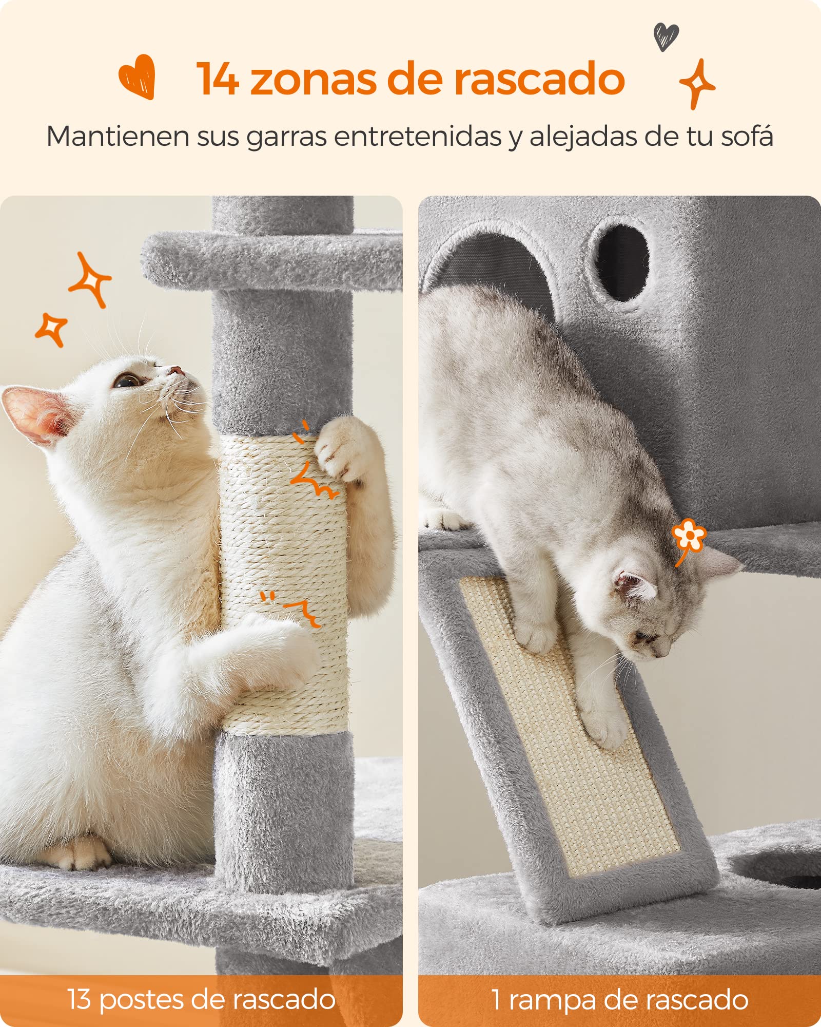 Feandrea Árbol para Gatos Grandes, Torre de Gatos de 206 cm con 13 Postes, 2 Plataformas, 2 Cuevas, Cesta, Hamaca, Rascador Multinivel, Gris Claro