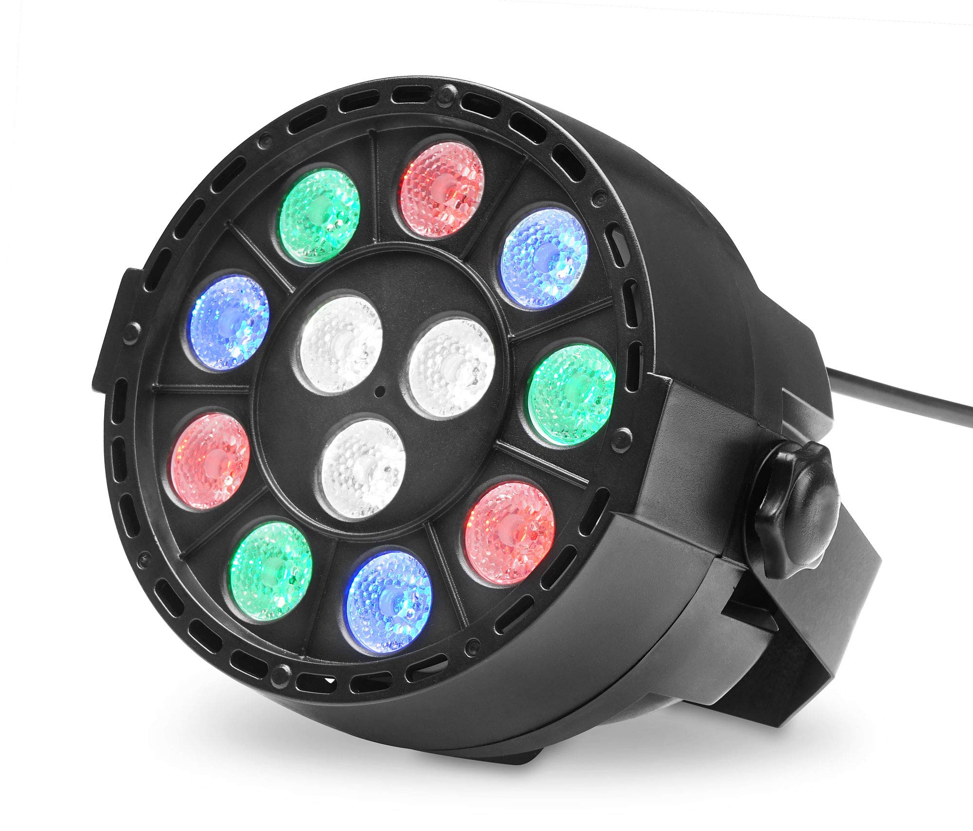 4x Showlite SPS-121 LED Smart Party Spot (3 rote, 3 grüne, 3 blaue und 3 weiße LEDs mit je 1 Watt Leistung, DMX Controller mit extra Farbdrehreglern, inkl. 3x 1m und 1x 10m DMX-Kabel) Schwarz