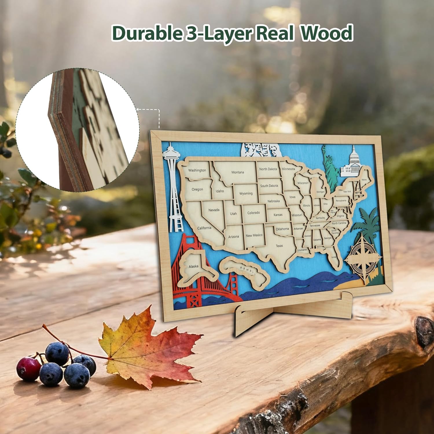 Wooden USA Travel Map- 3-Layer Real Wood State Map Tracker with Gift Box - Personalized Wall Art & RV Decor with Table Stand, Marker Pen & Adhesive Backing (Landmark, 16.5 x 11")