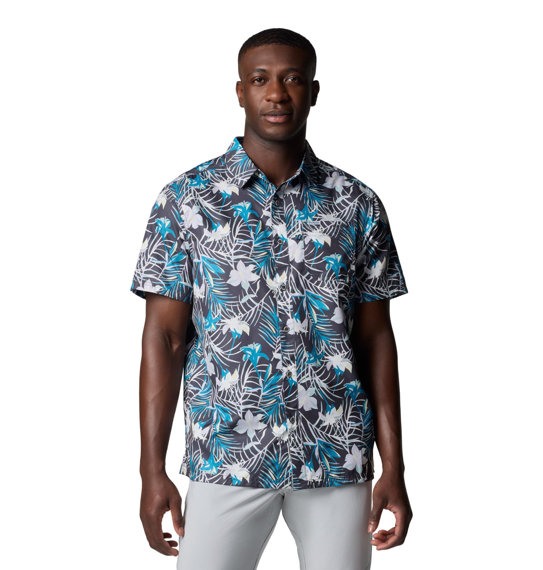 Columbia Men's Super Slack Tide Camp Shirt, Shark Tropicfield, XXL