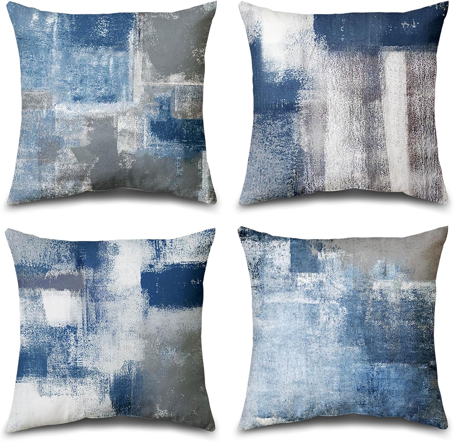 Set of 4 Blue and Grey Abstract Art Artwork Pillow Cover 20 x 20 Inch, Gallery Modern Decorative Throw Pillows Cushion Cover for Bedroom Sofa Living Room