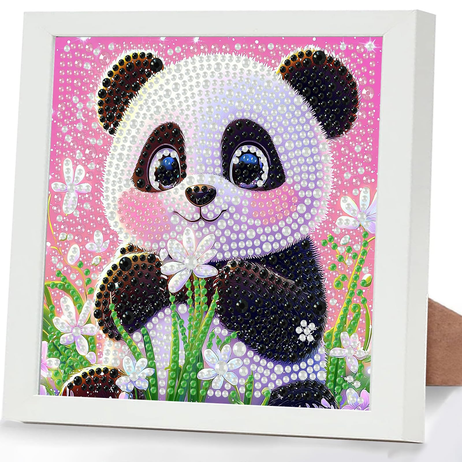 GHHKUD Panda Diamond Art Kits for Kids with Frame, Animal 5D Diamond Painting Kit for Kids Adults, Crystal Small Diamonds Gem Art Crafts Kits Gifts for Girls Boys Children Ages 6-8-12(7x7inch)