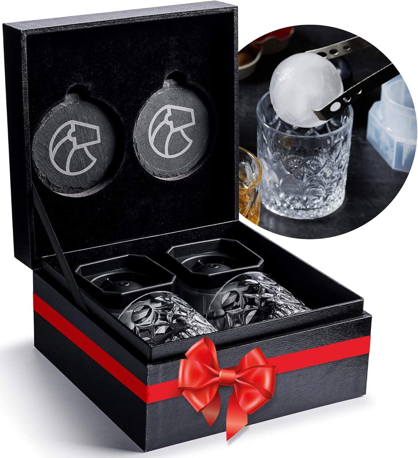 Juego de 2 vasos de whisky, moldes de hielo de esfera grande, posavasos de pizarra, caja de regalo, regalos de borbón para hombres, papá, marido,