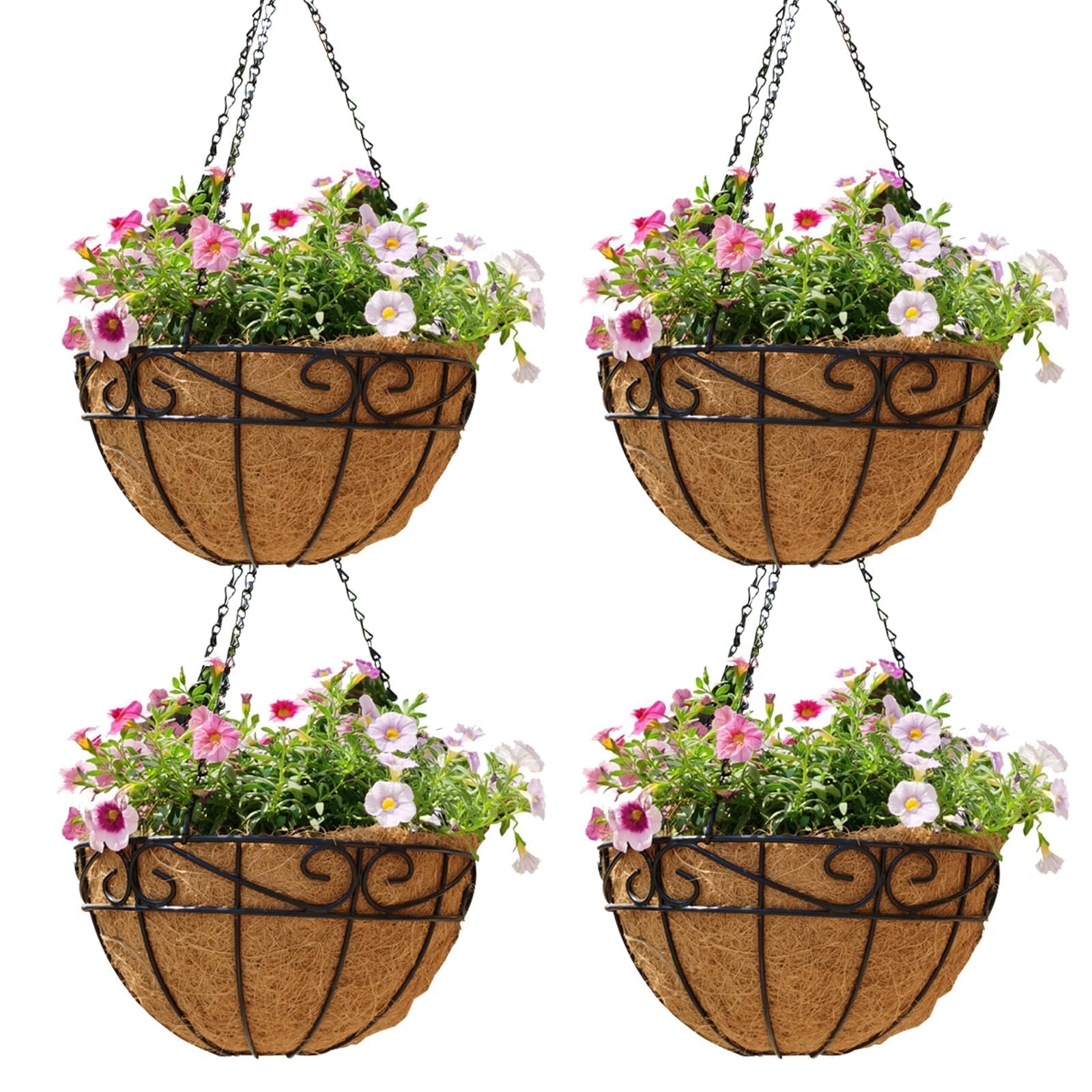 Qusuxi 4 Pack 14 Inch Hanging Baskets for Plants Outdoor Metal Hanging Planter Hanging Flower Baskets with Coco Fiber Liners Chain Round Wire Plant