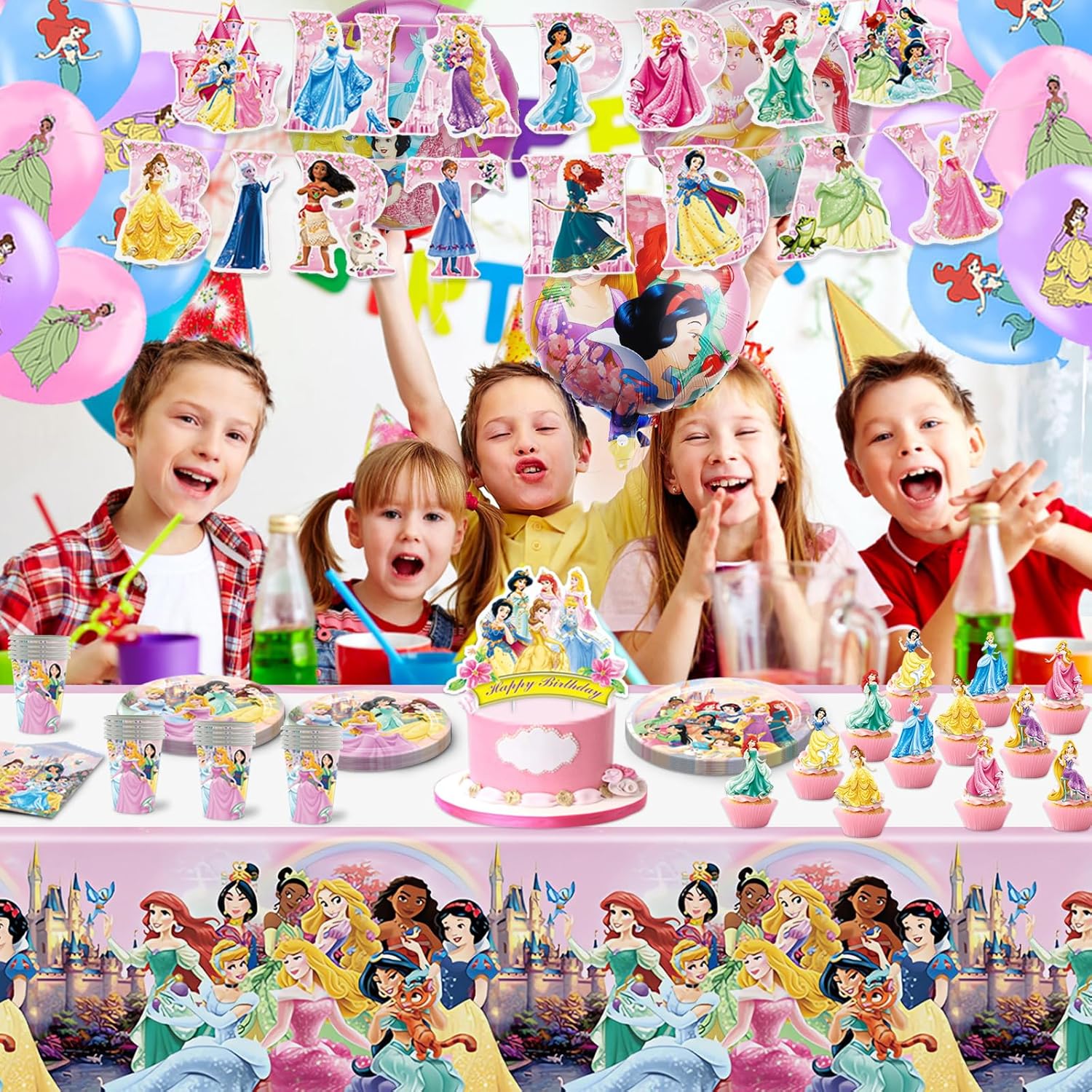 Princess Birthday Party Supplies, Princess Party Decorations with Tableware Set Includes Banners, Balloons, Paper Plates, Napkins, Paper Cups, Hanging Swirls and Tablecloth