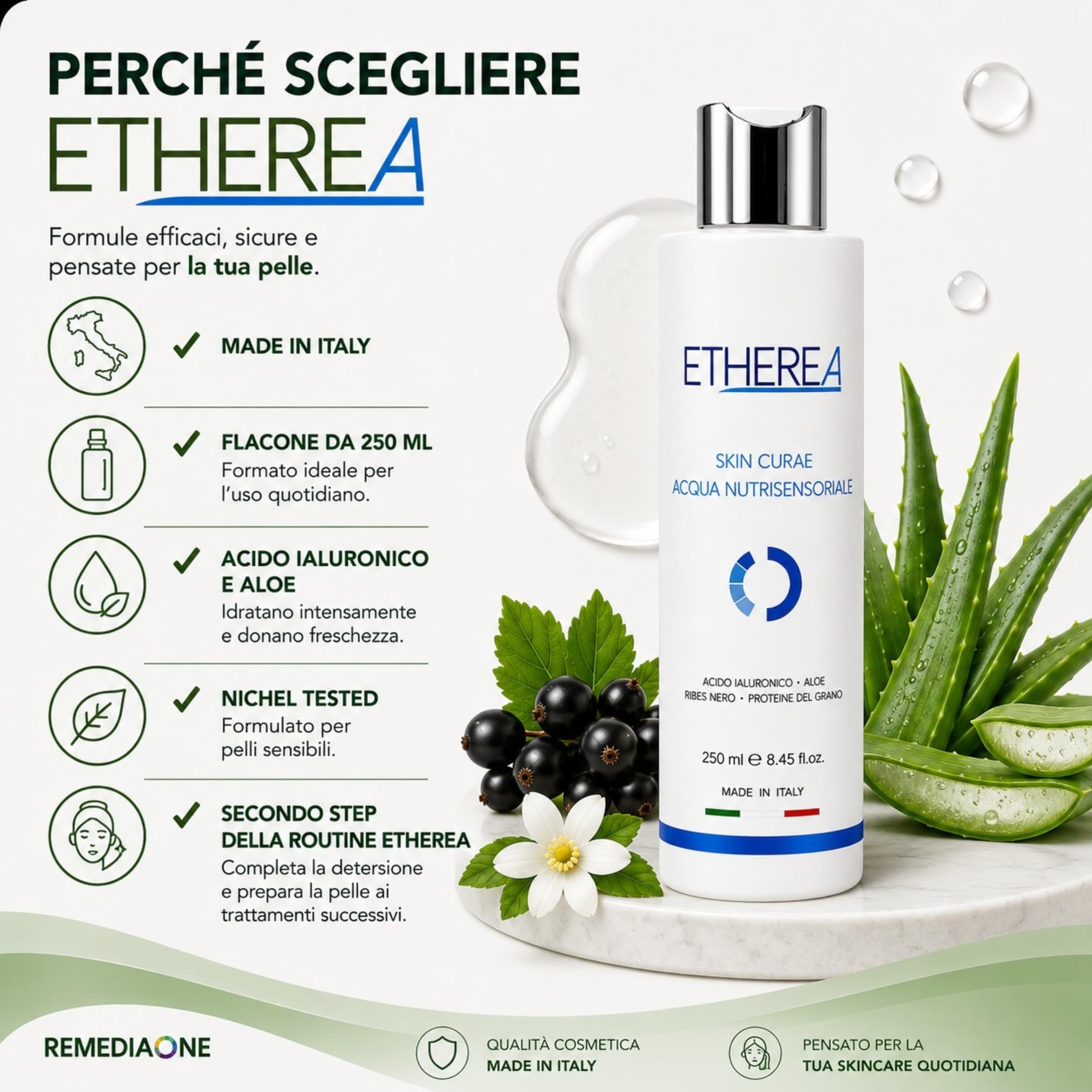 REMEDIA ONE Etherea Tonico Viso Acqua Nutrisensoriale, Ricarica 1 Litro | Face Toner, Acido Ialuronico, Aloe e Ribes Nero, Senza Alcool, Nichel Tested, Tutti i tipi di pelle, Made in Italy