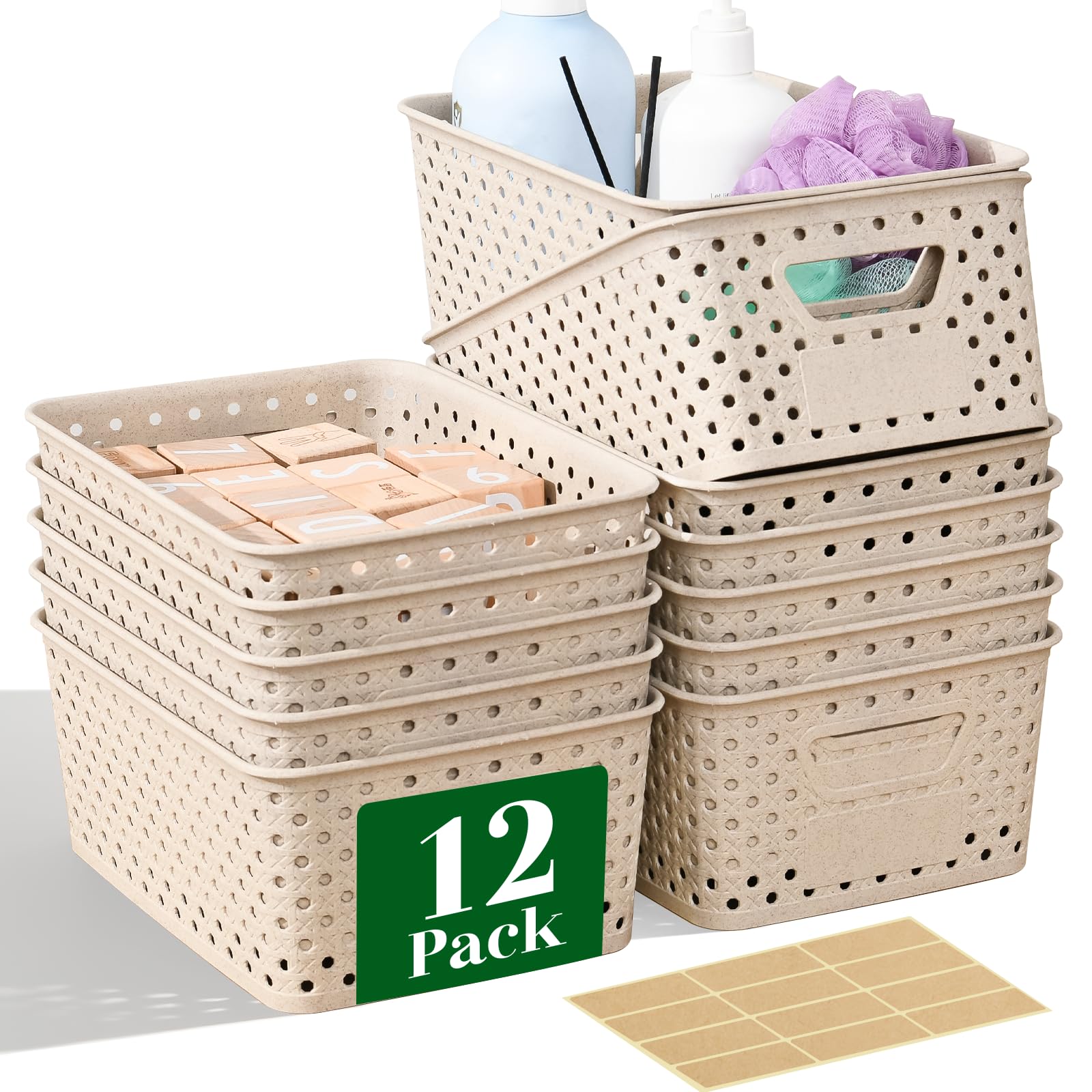 Photo 1 of 12 Pack Plastic Storage Baskets for Organizing, Storage Baskets for Shelves with Handles, Small Storage Bins with Labels, Organizer Baskets for Cabinet,Closet, Office,Natural