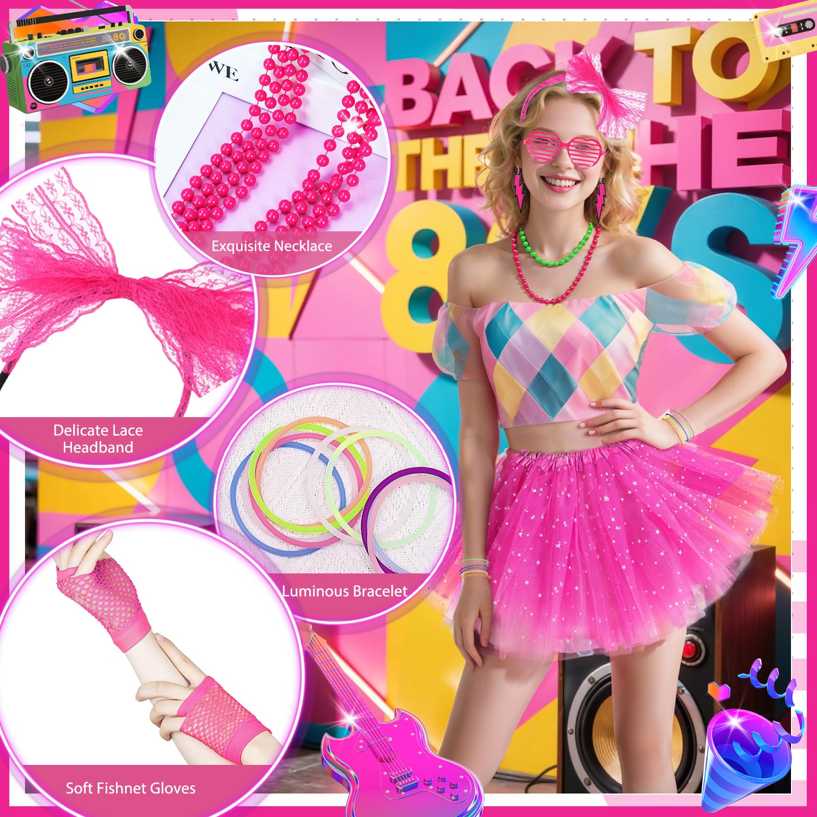 80s Fancy Dress Accessories Set, 1980s Retro Costume Kit with Bow Headband Leg Warmers Fishnet Gloves Earrings Necklace for Women Girls 80s Theme Party Hen Do Party Supplies (Rose Red) - Image 4