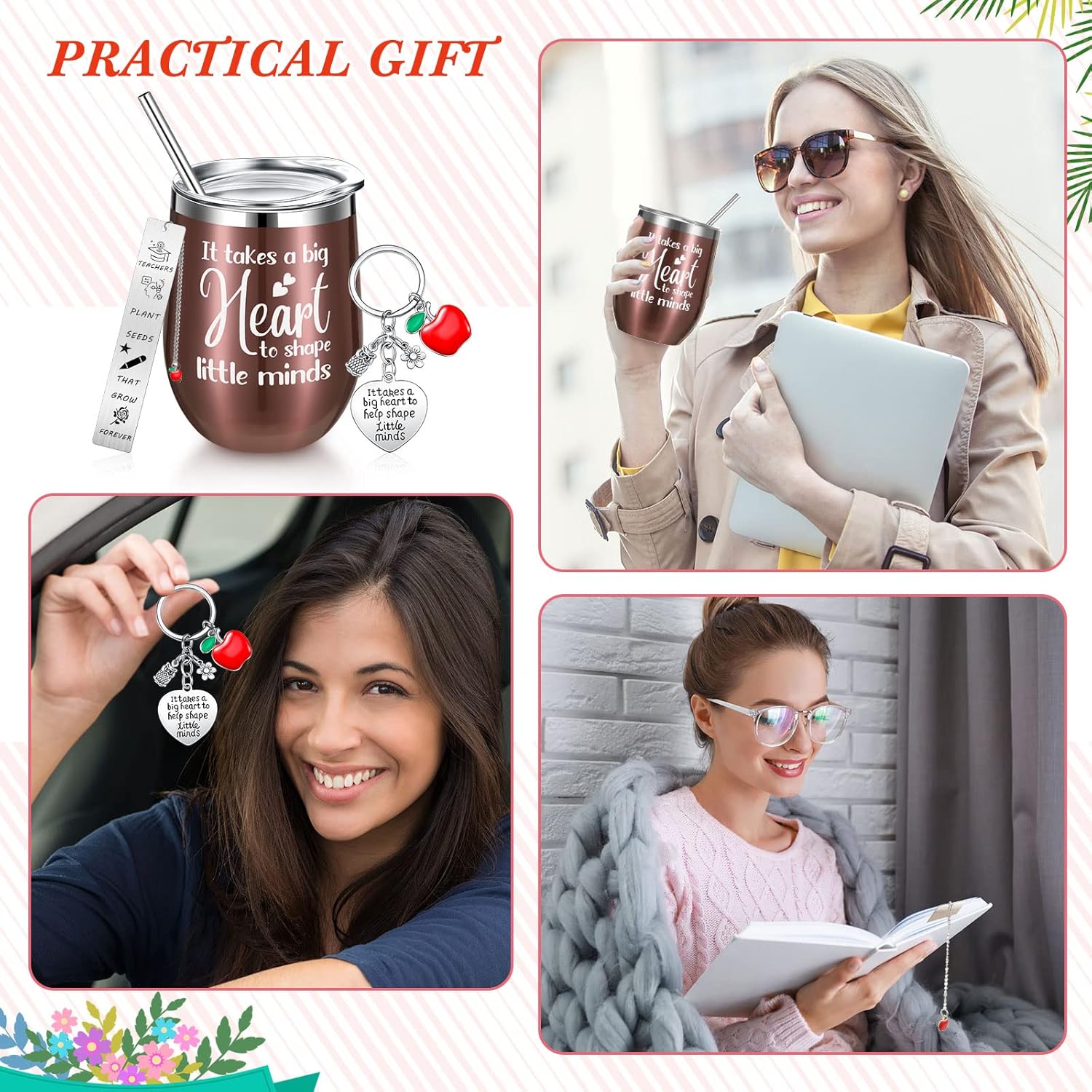 Skylety 24 Pcs End of Year Teacher Appreciation Gift Bulk 12 oz Wine Tumbler with Straw and Lid Brush Thank You Gift with Keychains Bookmark for Teacher Back to School(Rose Gold)
